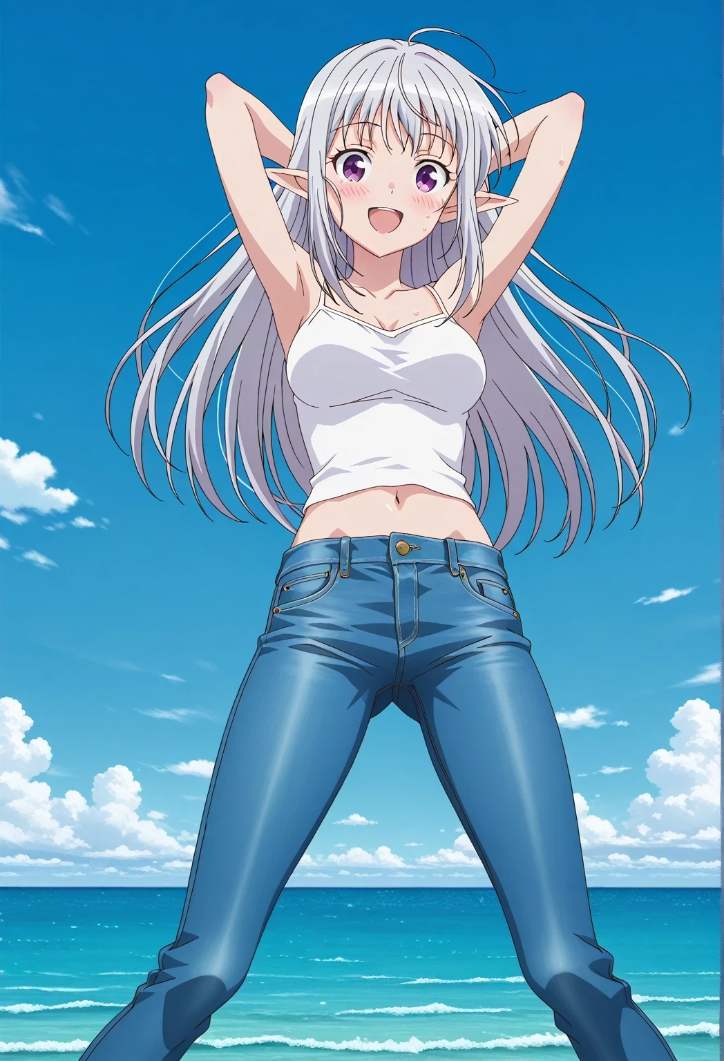 score_9, score_8_up, score_7_up, source_anime, highres, hi res, ((best quality, top quality, perfect quality, Highest Quality, amazing quality)), {{masterpiece}}, {{an extremely delicate and beautiful}}, 2d, intricate details, official style, anime, 8k, anime style, official_anime, official art, digital painting, cell shading, soft shading, high resolution, soothing tones, Subdued Color, Soft cinematic light, adobe lightroom, photolab, HDR, intricately and hyper-detailed, ((high quality animation)), 1 girl, Alone, solo, ((ocean)), tsunami, on the water, day, sunny, outdoors, sky, windy, mariabelle, long hair, purple eyes, white hair, grey hair, pointy ears, elf, anime screencap, medium breasts, white camisole top, crop top, white crop top, best quality, hyper-detailed jeans, ((blue jeans:1.9)), (dark blue jeans:0.6), full medium body, medium shot, Open mouth, smiling, happy face, blush, sweat, standing, ((arms behind head:6.0)), bowlegged, jumping pose, action, looking at viewer, spread legs, Bend knees slightly, straight-on front view