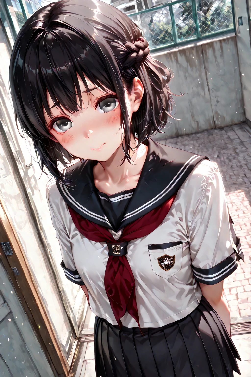 (child)，highest quality，Beautiful face in every detail，cute，Dark brown eyes，(背の低いcute女の子，Small young student，Young delicate girl）,（masterpiece，Top quality)，Black Hair，Sleepy expression，Short sleeve white shirt，Plaid white skirt