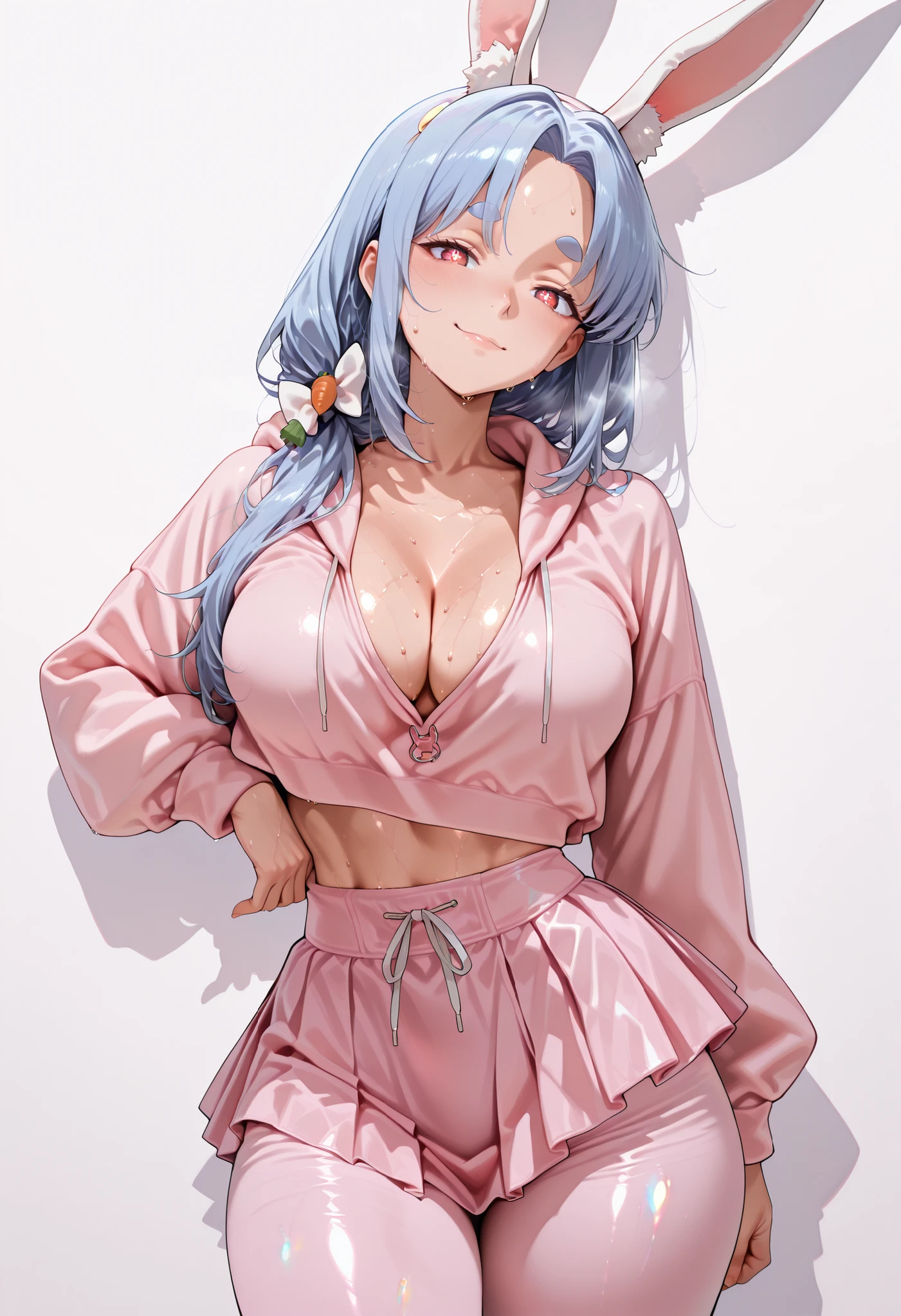 score_9, score_8_up, score_7_up, uncensored, source_anime, 1girl, mature female, pekomamadef, thick eyebrows, bunny-shaped pupils, rabbit ears, animal ear fluff,pekomamadef, thick eyebrows, bunny-shaped pupils, rabbit ears, animal ear fluff,, bow, carrot hair ornament, CLEAVAGE, looking at viewer,,, SOFT SMILE, shiny skin, shiny hair, shiny body, clear body, sweat, sweaty, sweat:1.3, medium breasts, slim waist, side looking, LARGE BREASTS, pink hoodie, pants under skirt, pink skirt, pink pants, standing, posing, white background, white background, blue hair