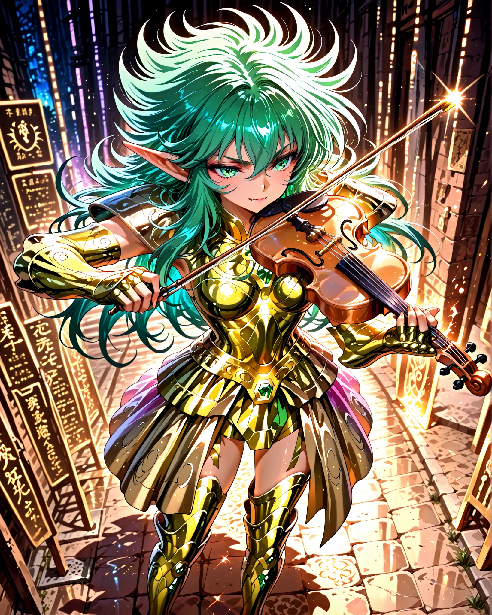 high angle, (masterpiece, 4k, ultra detailed, vivid and vibrant colors), {1woman}: (a beautiful and attractive woman, short: 1.12 green hair, green eyes, elf ears and vampire fangs, wears golden armor inspired by the anime Saint Seiya, but in a very revealing and sexy way, standing, expression of happiness in her eyes, playing a golden violin), a beautiful atmosphere referencing the sign of Gemini, perfect lighting creating shadows