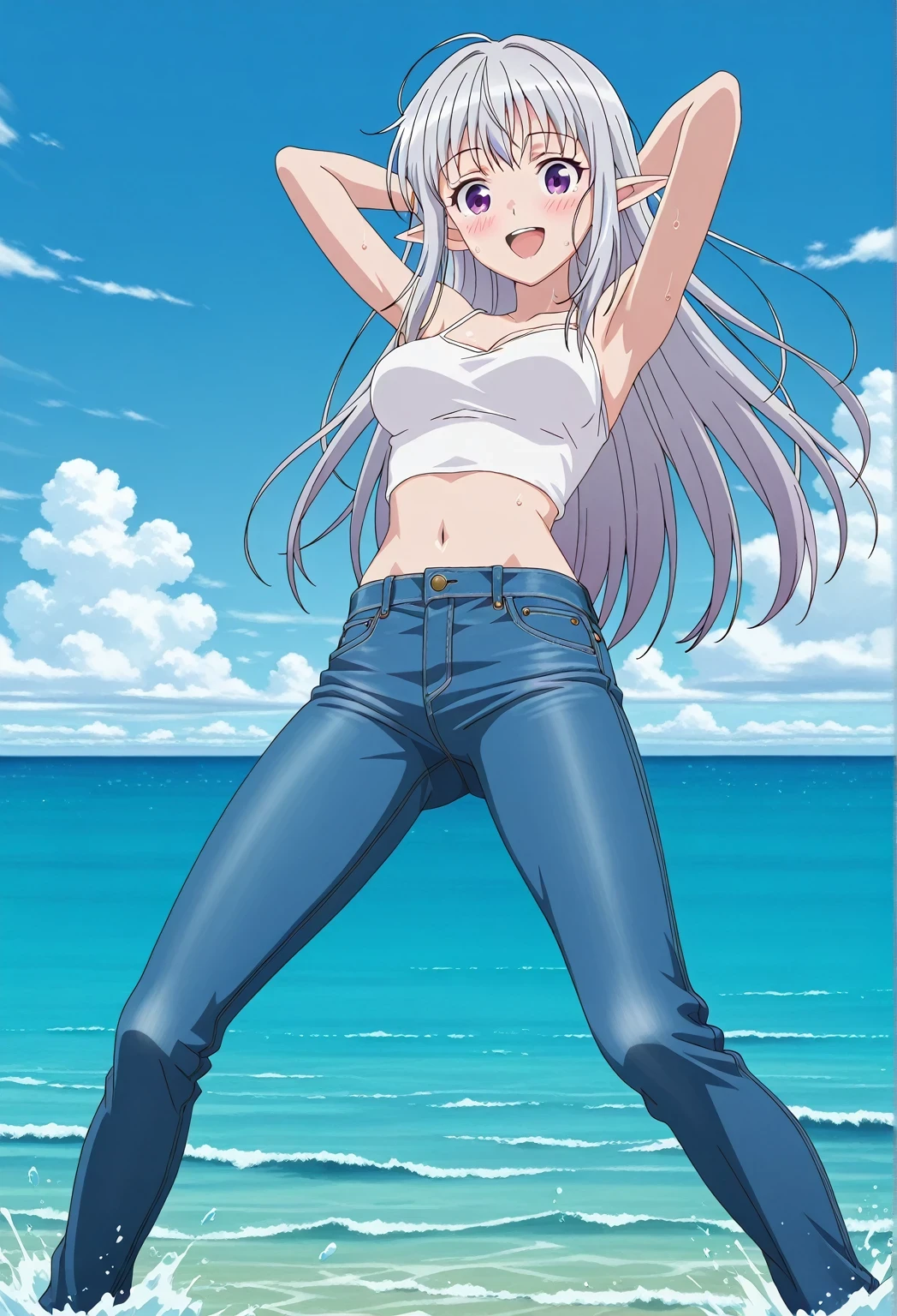 score_9, score_8_up, score_7_up, source_anime, highres, hi res, ((best quality, top quality, perfect quality, Highest Quality, amazing quality)), {{masterpiece}}, {{an extremely delicate and beautiful}}, 2d, intricate details, official style, anime, 8k, anime style, official_anime, official art, digital painting, cell shading, soft shading, high resolution, soothing tones, Subdued Color, Soft cinematic light, adobe lightroom, photolab, HDR, intricately and hyper-detailed, ((high quality animation)), 1 girl, Alone, solo, ((ocean)), tsunami, on the water, day, sunny, outdoors, sky, windy, mariabelle, long hair, purple eyes, white hair, grey hair, pointy ears, elf, anime screencap, medium breasts, white camisole top, crop top, white crop top, best quality, hyper-detailed jeans, ((blue jeans:1.9)), (dark blue jeans:0.6), full medium body, medium shot, Open mouth, smiling, happy face, blush, sweat, standing, ((arms behind head:6.0)), bowlegged, jumping pose, action, looking at viewer, spread legs, Bend knees slightly, straight-on front view