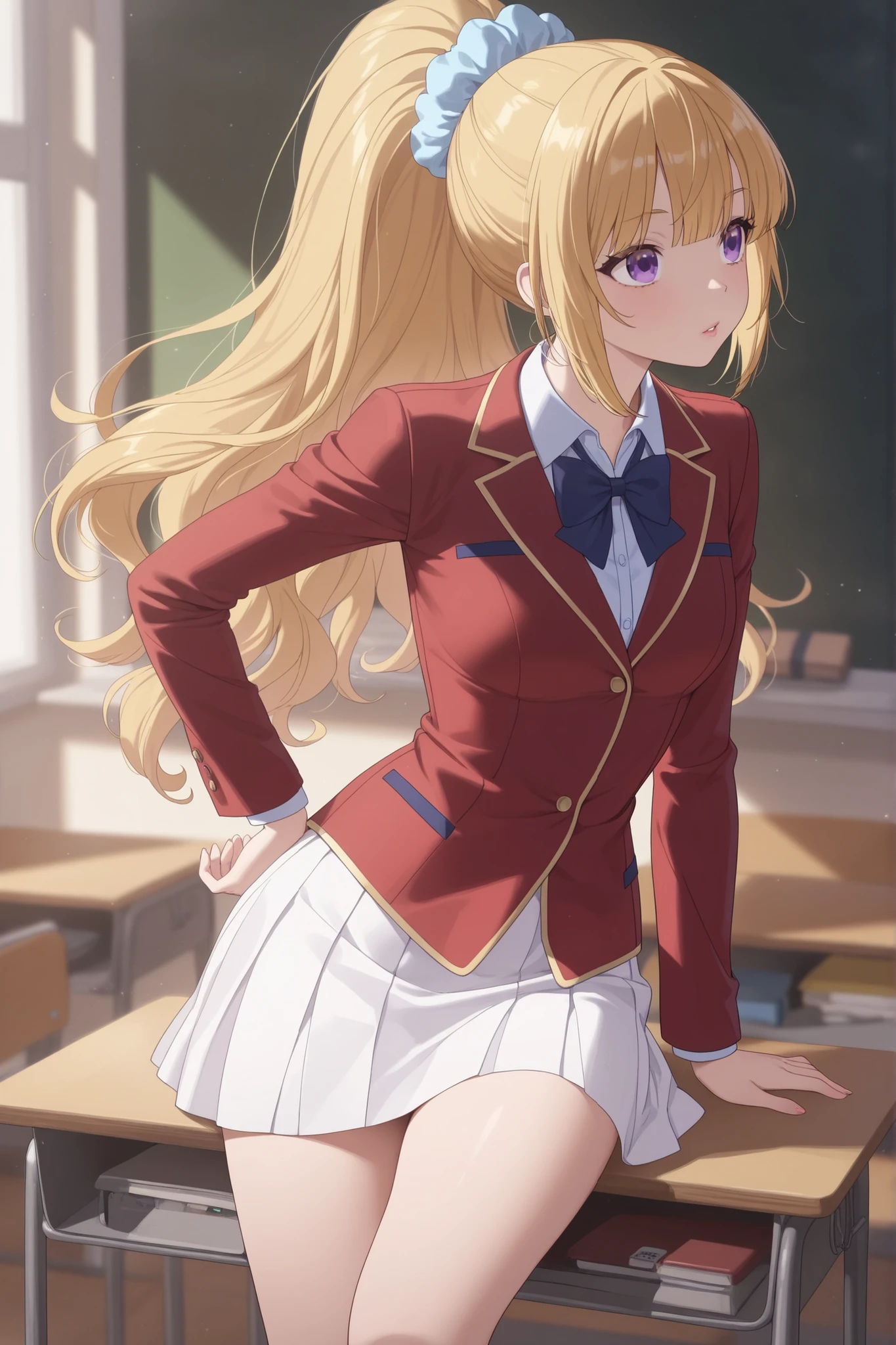 classroom ,wearing a red blazer,closed blazer、1 girl,Purple Eyes,bungs,long hair,long hair,blond hair,hair scrunchies,ponytail,blue scrunchies,hair ornaments、glossy lips ,collared shirt,white skirt、thigh ,