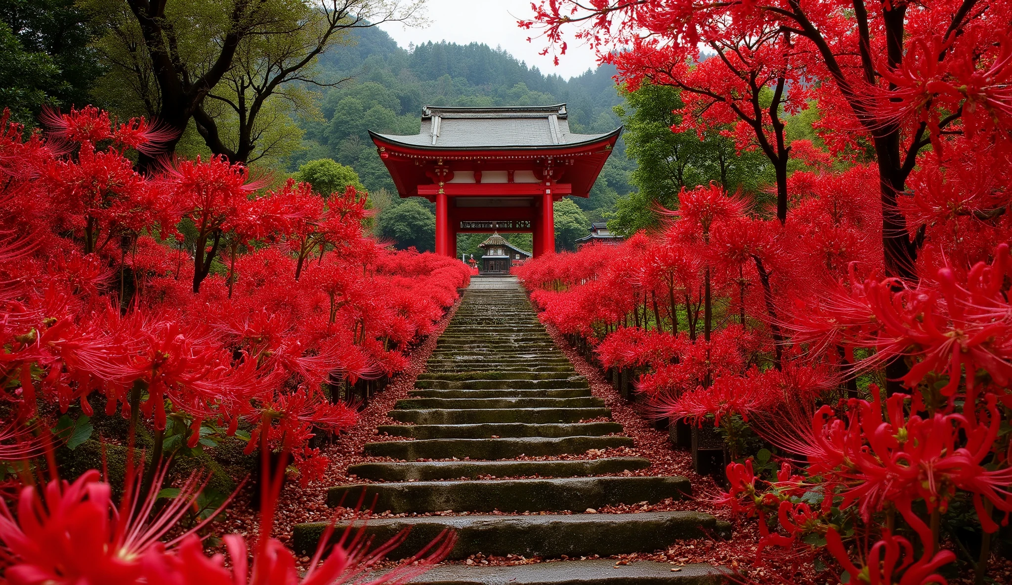 (A vermilion Japanese temple appears after climbing the old mossy stone steps:1.5),(A magnificent old shrine appears after climbing the mossy stone steps:1.5), (A beautiful world of sunsets:1.5),A mysterious world),fantastic atmosphere,A fox fire is lit in front of the shrine,(All the stone lanterns are lit:1.5),(The bright red flowers of the red spider lilies secretly blooming around the stone lantern:1.5),(The bright red flowers of the Manjushita Higanbana in full bloom:1.5),(A beautiful world of sunsets:1.5),(The bright red flowers of the red spider lilies secretly blooming around the stone lantern:1.5),(A bright red manju shagge secretly blooming around a stone lantern:1.5), lots of spider lilies blooming ,A lot of mandarin shagels are blooming,countless spider lilies are blooming,