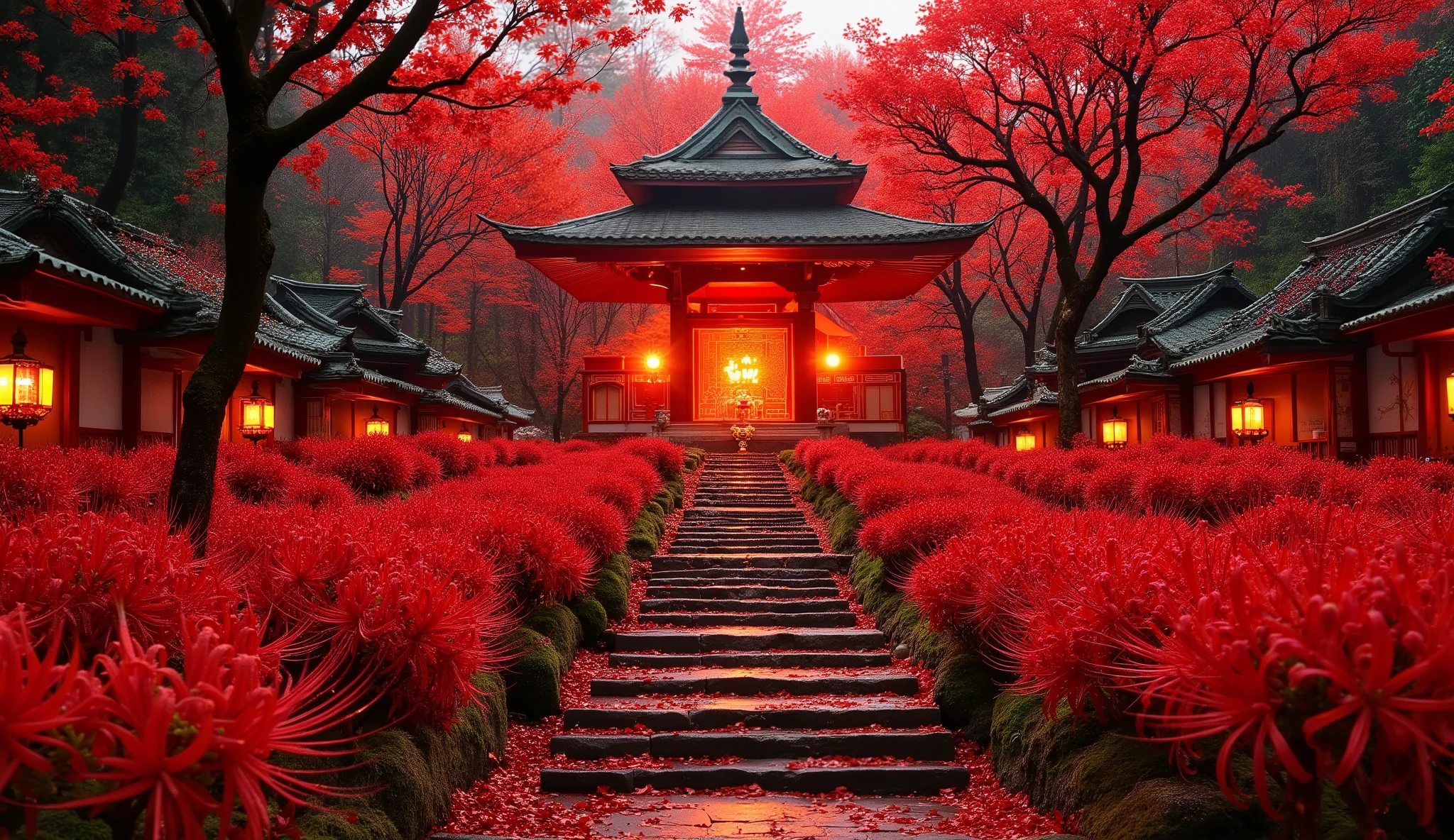 (A vermilion Japanese temple appears after climbing the old mossy stone steps:1.5),(A magnificent old shrine appears after climbing the mossy stone steps:1.5), (A beautiful world of sunsets:1.5),A mysterious world),fantastic atmosphere,A fox fire is lit in front of the shrine,(All the stone lanterns are lit:1.5),(The bright red flowers of the red spider lilies secretly blooming around the stone lantern:1.5),(The bright red flowers of the Manjushita Higanbana in full bloom:1.5),(A beautiful world of sunsets:1.5),(The bright red flowers of the red spider lilies secretly blooming around the stone lantern:1.5),(A bright red manju shagge secretly blooming around a stone lantern:1.5), lots of spider lilies blooming ,A lot of mandarin shagels are blooming,countless spider lilies are blooming,