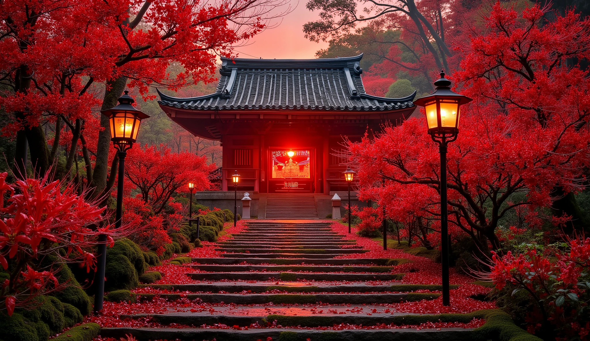 (A vermilion Japanese temple appears after climbing the old mossy stone steps:1.5),(A magnificent old shrine appears after climbing the mossy stone steps:1.5), (A beautiful world of sunsets:1.5),A mysterious world),fantastic atmosphere,A fox fire is lit in front of the shrine,(All the stone lanterns are lit:1.5),(The bright red flowers of the red spider lilies secretly blooming around the stone lantern:1.5),(The bright red flowers of the Manjushita Higanbana in full bloom:1.5),(A beautiful world of sunsets:1.5),(The bright red flowers of the red spider lilies secretly blooming around the stone lantern:1.5),(A bright red manju shagge secretly blooming around a stone lantern:1.5), lots of spider lilies blooming ,A lot of mandarin shagels are blooming,countless spider lilies are blooming,