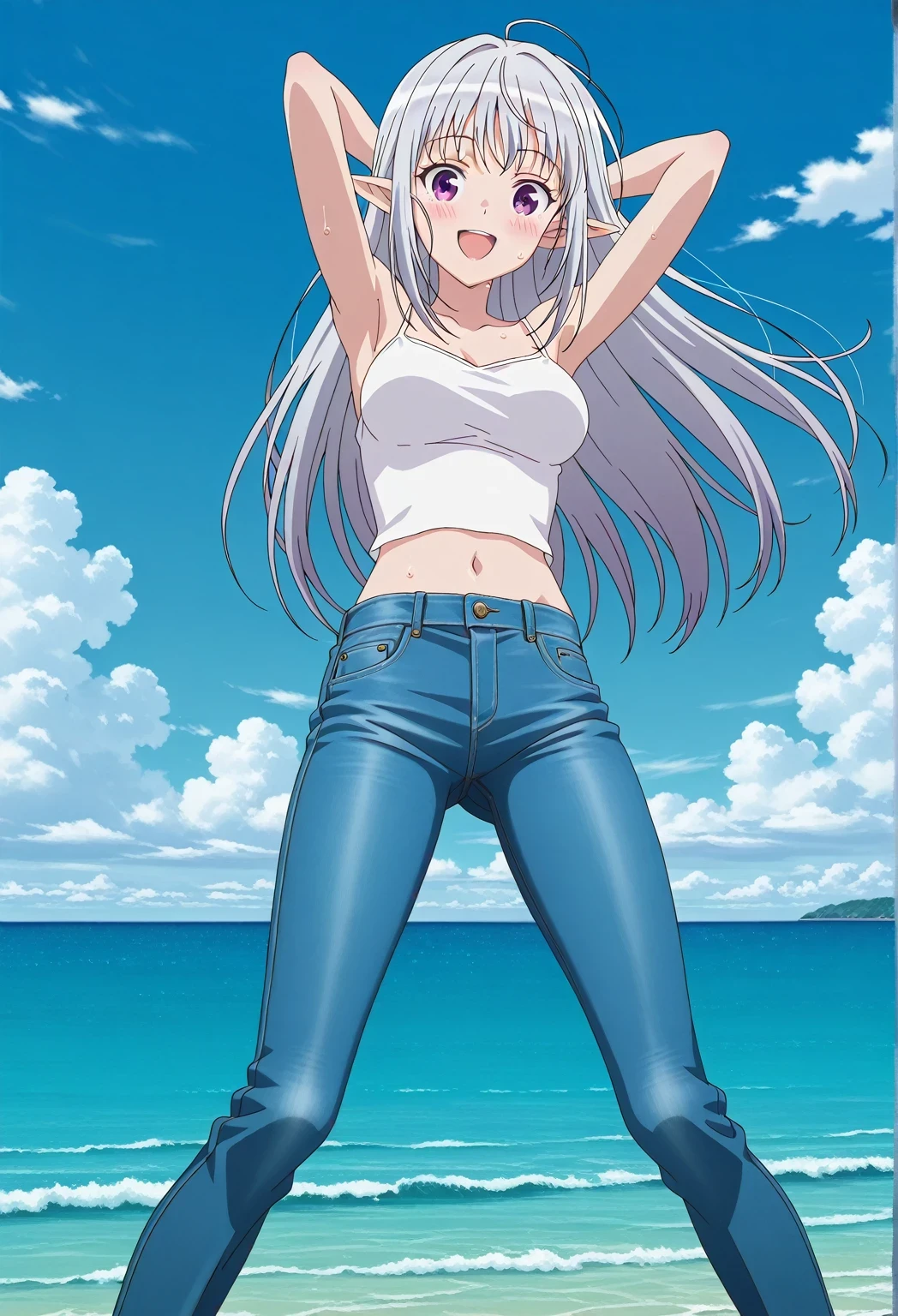 score_9, score_8_up, score_7_up, source_anime, highres, hi res, ((best quality, top quality, perfect quality, Highest Quality, amazing quality)), {{masterpiece}}, {{an extremely delicate and beautiful}}, 2d, intricate details, official style, anime, 8k, anime style, official_anime, official art, digital painting, cell shading, soft shading, high resolution, soothing tones, Subdued Color, Soft cinematic light, adobe lightroom, photolab, HDR, intricately and hyper-detailed, ((high quality animation)), 1 girl, Alone, solo, ((ocean)), tsunami, on the water, day, sunny, outdoors, sky, windy, mariabelle, long hair, purple eyes, white hair, grey hair, pointy ears, elf, anime screencap, medium breasts, white camisole top, crop top, white crop top, best quality, hyper-detailed jeans, ((blue jeans:1.9)), (dark blue jeans:0.6), full medium body, medium shot, Open mouth, smiling, happy face, blush, sweat, standing, ((arms behind head:6.0)), bowlegged, jumping pose, action, looking at viewer, spread legs, Bend knees slightly, straight-on front view