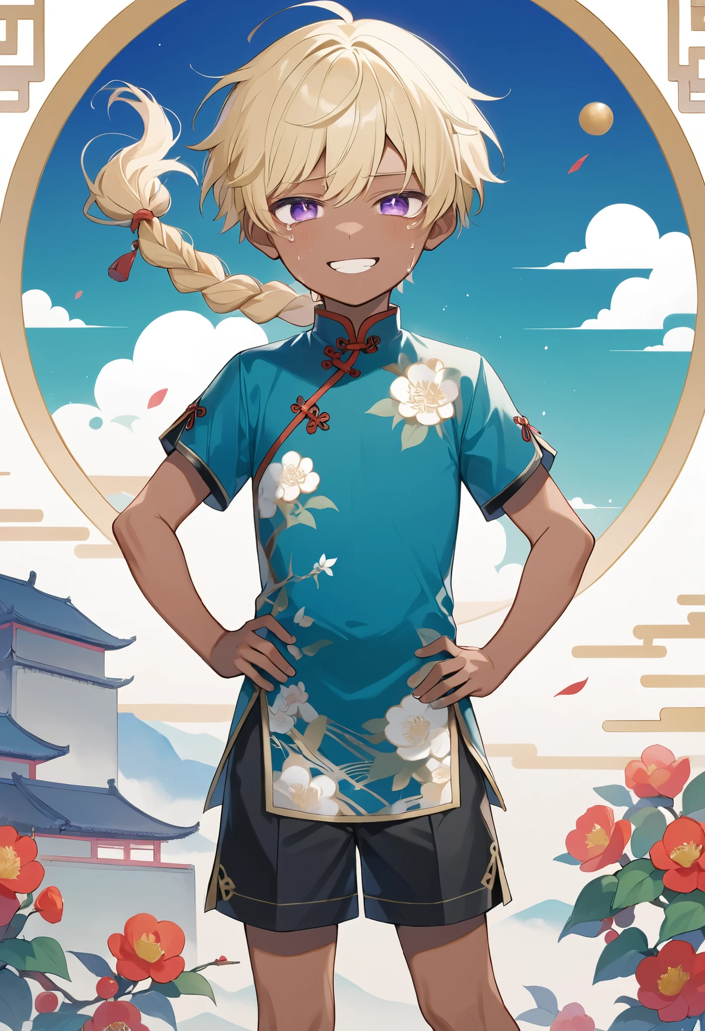 1boy,傑作,最高品質,詳細,4k,8k,dark skin,10歳,blonde hair,short hair,(single braid),(purple eyes),,hands on own hips,,cowboy shot,China dress,black shorts,(sad smile),tears