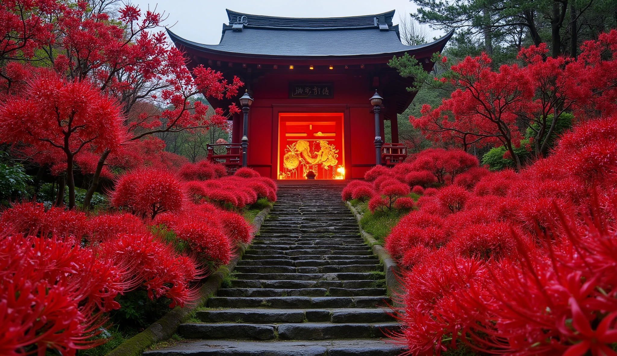 (A vermilion Japanese temple appears after climbing the old mossy stone steps:1.5),(A magnificent old shrine appears after climbing the mossy stone steps:1.5), (A beautiful world of sunsets:1.5),A mysterious world),fantastic atmosphere,A fox fire is lit in front of the shrine,(All the stone lanterns are lit:1.5),(The bright red flowers of the red spider lilies secretly blooming around the stone lantern:1.5),(The bright red flowers of the Manjushita Higanbana in full bloom:1.5),(A beautiful world of sunsets:1.5),(The bright red flowers of the red spider lilies secretly blooming around the stone lantern:1.5),(A bright red manju shagge secretly blooming around a stone lantern:1.5), lots of spider lilies blooming ,A lot of mandarin shagels are blooming,countless spider lilies are blooming,