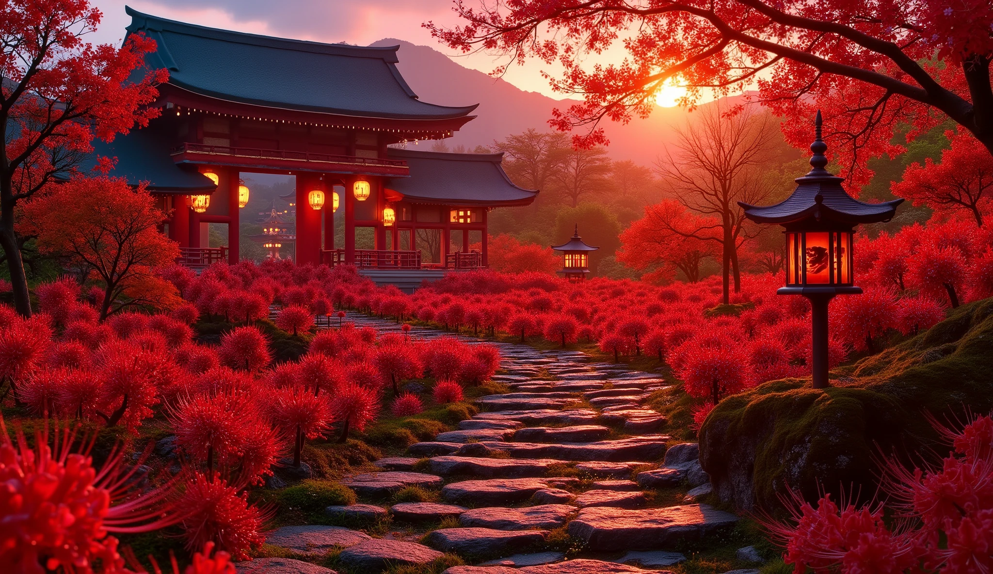 (A vermilion Japanese temple appears after climbing the old mossy stone steps:1.5),(Japanese-style temples and stone lanterns:1.5),(A magnificent old shrine appears after climbing the mossy stone steps:1.5), (A beautiful world of sunsets:1.5),A mysterious world),fantastic atmosphere,A fox fire is lit in front of the shrine,(All the stone lanterns are lit:1.5),(The bright red flowers of the red spider lilies secretly blooming around the stone lantern:1.5),(The bright red flowers of the Manjushita Higanbana in full bloom:1.5),(A beautiful world of sunsets:1.5),(The bright red flowers of the red spider lilies secretly blooming around the stone lantern:1.5),(A bright red manju shagge secretly blooming around a stone lantern:1.5), lots of spider lilies blooming ,A lot of mandarin shagels are blooming,countless spider lilies are blooming,