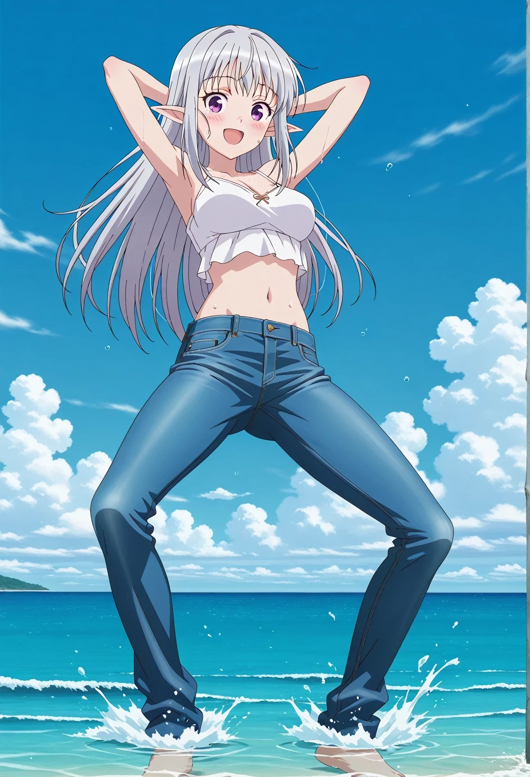 score_9, score_8_up, score_7_up, source_anime, highres, hi res, ((best quality, top quality, perfect quality, Highest Quality, amazing quality)), {{masterpiece}}, {{an extremely delicate and beautiful}}, 2d, intricate details, official style, anime, 8k, anime style, official_anime, official art, digital painting, cell shading, soft shading, high resolution, soothing tones, Subdued Color, Soft cinematic light, adobe lightroom, photolab, HDR, intricately and hyper-detailed, ((high quality animation)), 1 girl, Alone, solo, ((ocean)), tsunami, on the water, day, sunny, outdoors, sky, windy, mariabelle, long hair, purple eyes, white hair, grey hair, pointy ears, elf, anime screencap, medium breasts, white camisole top, crop top, white crop top, best quality, hyper-detailed jeans, ((blue jeans:1.9)), (dark blue jeans:0.6), full medium body, medium shot, Open mouth, smiling, happy face, blush, sweat, standing, ((arms behind head:6.0)), bowlegged, jumping pose, action, looking at viewer, spread legs, Bend knees slightly, straight-on front view
