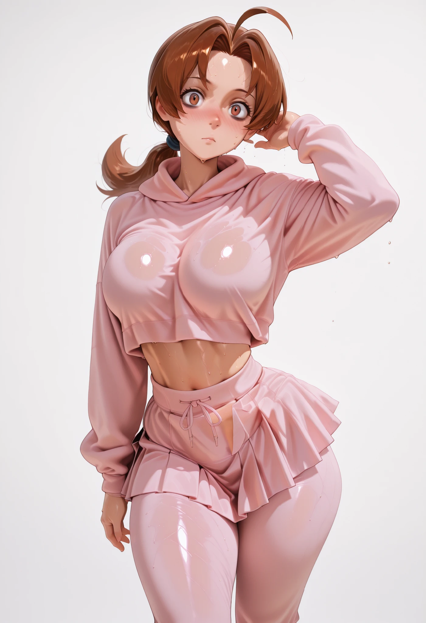 deliaketchum, brown hair, brown eyes, parted bangs, ahoge, ponytail, low ponytail, Solo, Delia Ketchum from Pokémon, BIG BREASTS , shiny skin, shiny hair, shiny body, clear body,, ,, , DYNAMIC POSE , BAGS UNDER EYES, LARGE BREASTS,, STANDIN UPRIGHT, COWBOY SHOT, POSING,, looking at viewer, nose blush, shiny legs, shiny body, shiny hair, clear skin, clear body, sweat, sweaty, sweaty:1.3, solo, thick thigh, thick thighs, solo, female, large breasts,, looking at viewer, large breasts, STANDING, POSING, COWBOY SHOT, NICE LEGS, opaque clothes,, large BREASTS,, solo, large breasts, thick thigh, dynamic pose, navel ,midriff, ,,,,, Looking At Viewer, tilting head,,, dynamic, dynamic composition,white background, empty background, pink hoodie, pants under skirt, pink skirt, pink pants,pink hoodie, pants under skirt, pink skirt, pink pants