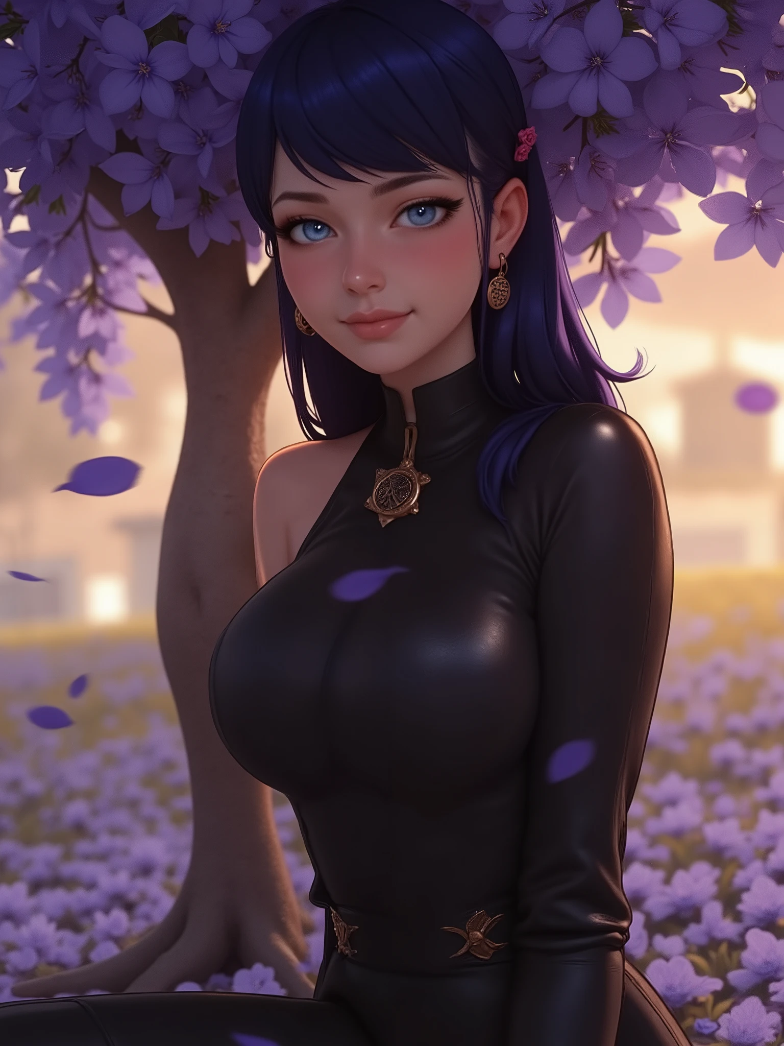 marinette Dopanchan, A beautiful young woman sitting serenely under a jacaranda tree in full bloom, Sapphire Blue petals falling softly like snow, leather armor in petrol black, golden light of sunset, artistic portrait photography, soft depth of field, sharp focus on the face, natural bokeh.