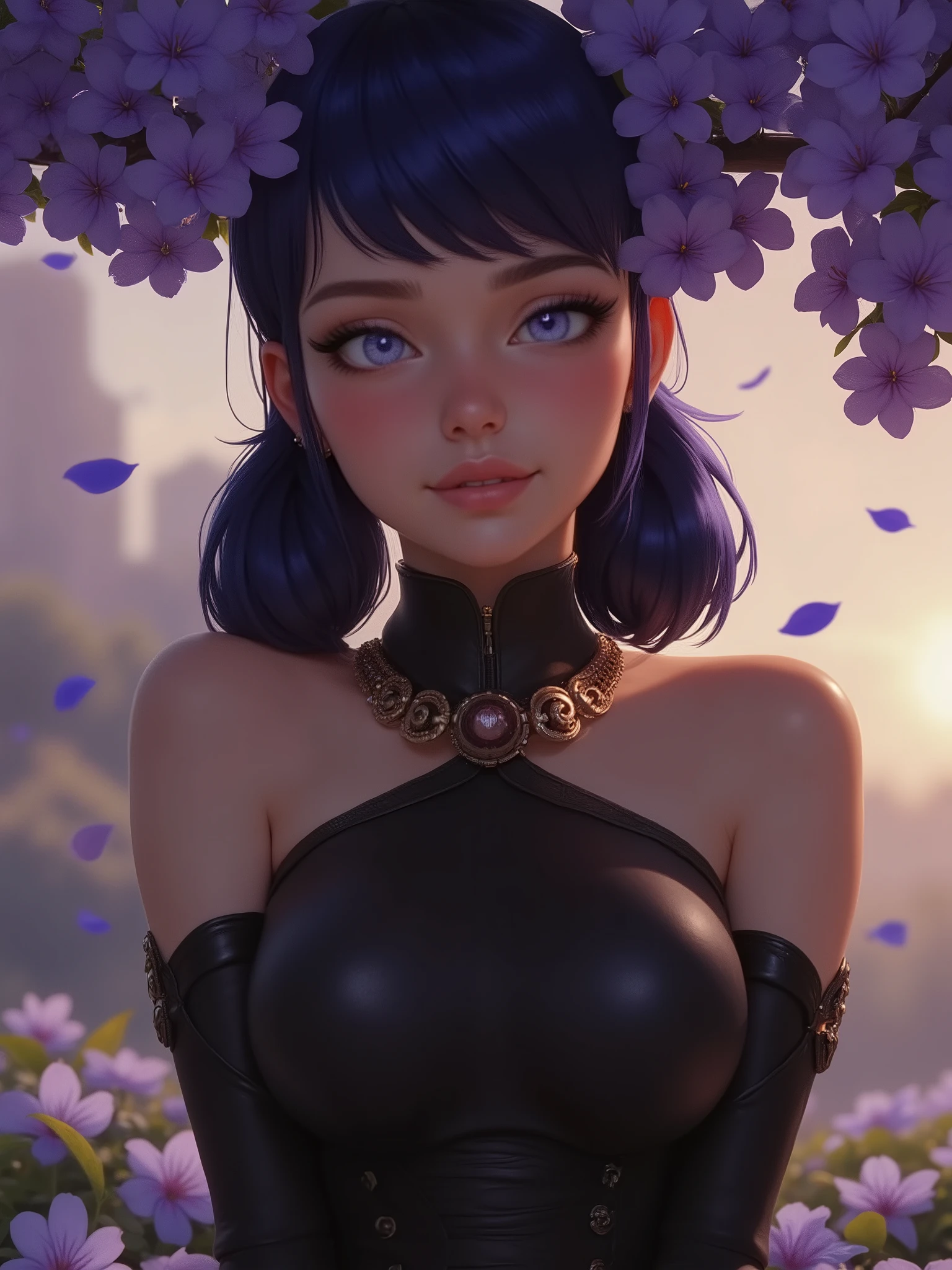 marinette Dopanchan, A beautiful young woman sitting serenely under a jacaranda tree in full bloom, Sapphire Blue petals falling softly like snow, leather armor in petrol black, golden light of sunset, artistic portrait photography, soft depth of field, sharp focus on the face, natural bokeh.