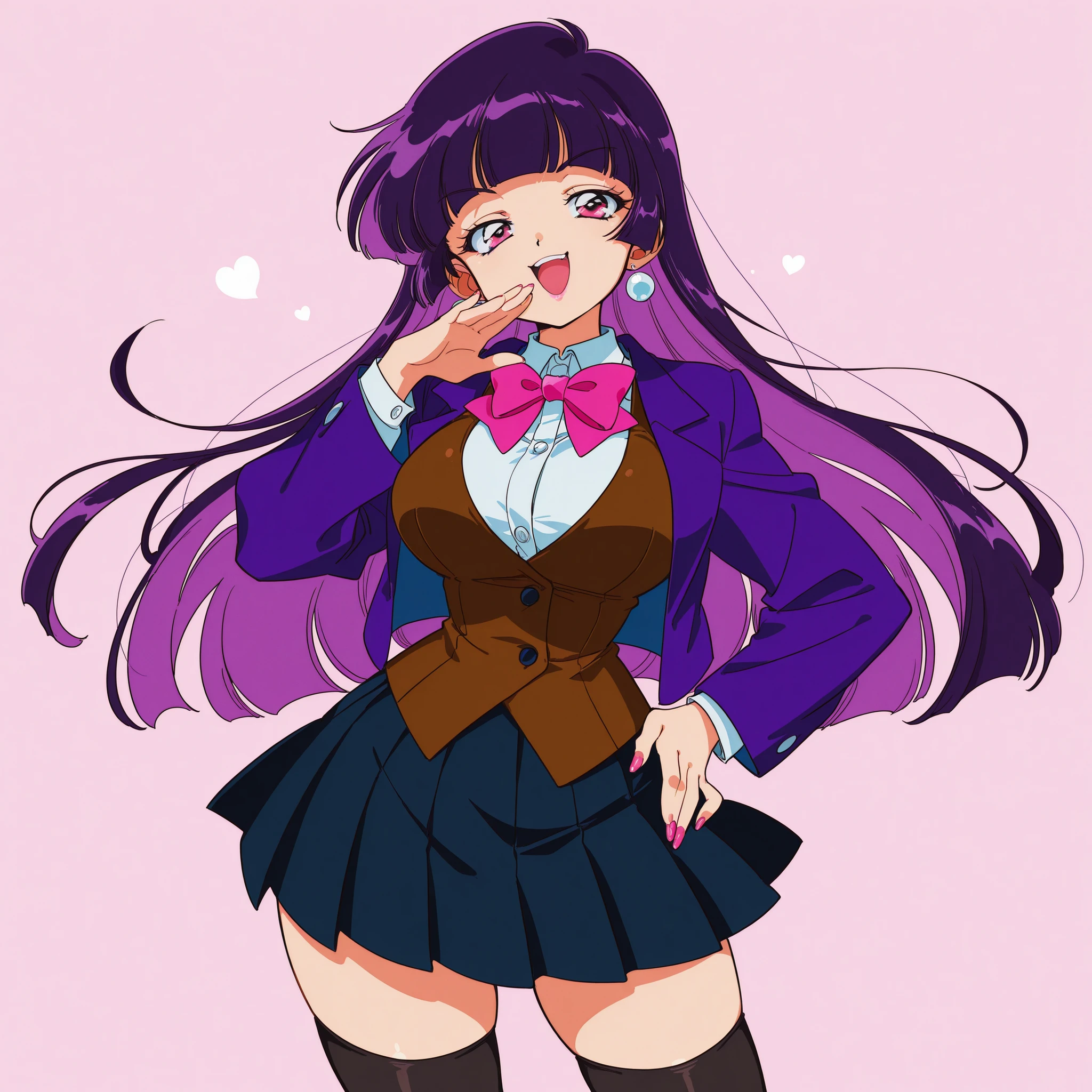 masterpiece, ultra-HD, impressionism, high detail, best quality, very aesthetic, 8K, best quality, beautiful, ultra-high resolution, 32K UHD, sharp focus, hrn_yc Style, bokeh, retro artstyle, 1990, 1girl, solo, very long dark purple hair, blunt bangs, hime cut, almond-shaped eyes, pink eyes, eyelashes, eyeliner, makeup, pink lips, pink nails, big breasts, narrow waist, wide hips, thick thighs, shapely legs, slim, white buttoned shirt, shirt collar, purple jacket, pink bowtie, brown waistcoat, black thigh high socks, navy blue pleated skirt, earrings, blushed, smirk, smug, laughing, open mouth, cute, ojou-sama pose, hand on hips, standing, looking at viewer, simple background, from the front view