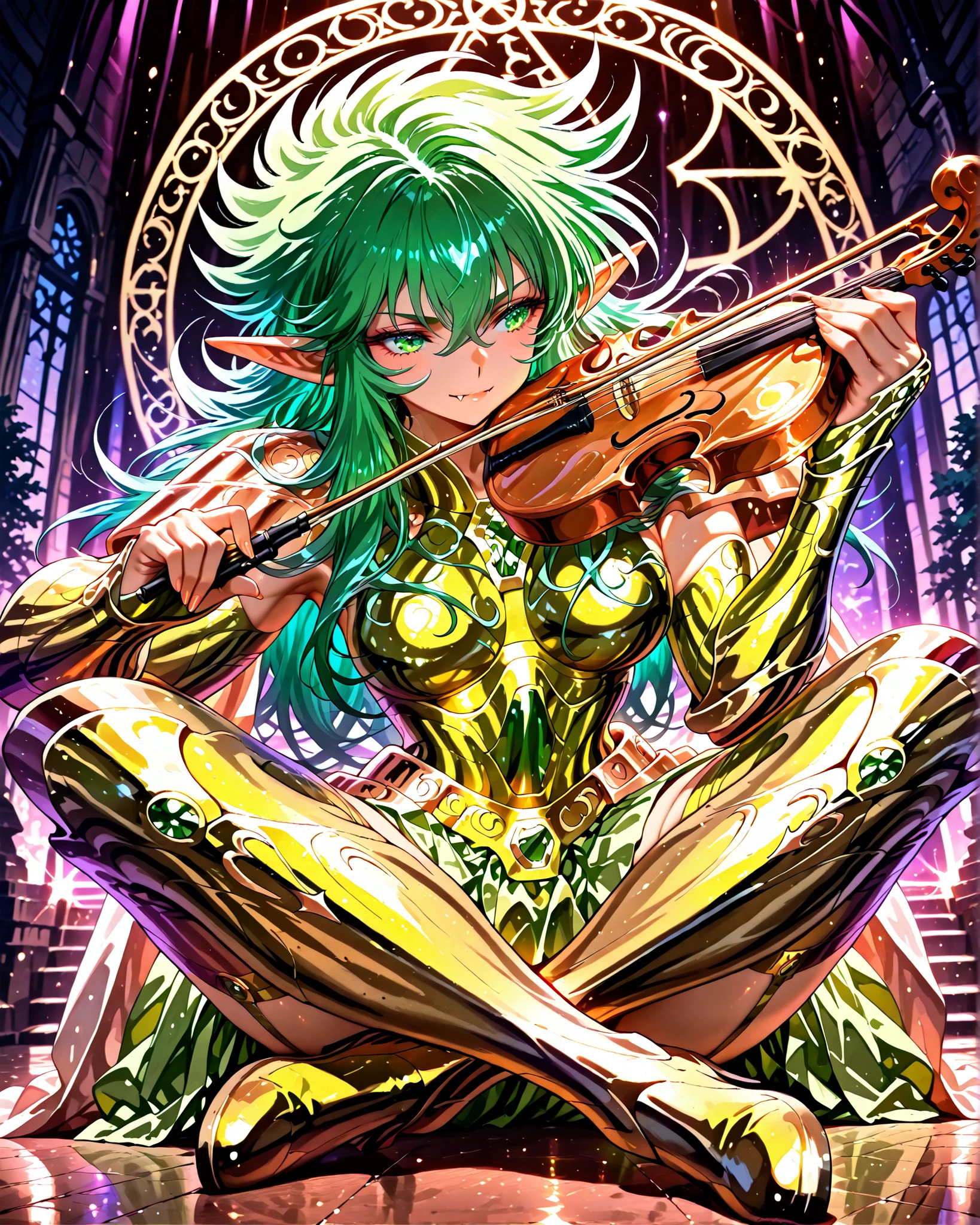 side angle, (masterpiece, 4k, ultra detailed, vivid and vibrant colors), {1woman}: (a beautiful and attractive woman, short green hair, green eyes, elf ears and vampire fangs, wears golden armor inspired by the anime Saint Seiya, but in a very revealing and sexy way, sitting cross-legged, holding a golden violin and looking at the horizon with hope), a beautiful atmosphere referencing the zodiac sign, perfect lighting creating shadows