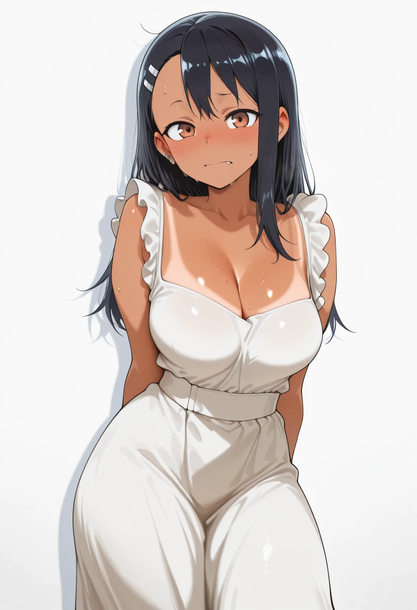 core_9, score_8_up, score_7_up, score_6_up, score_5_up, score_4_up, masterpiece, high quality, BREAK, 1girl, 1girl,, looking at viewer, nose blush, shiny legs, shiny body, shiny hair, clear skin, clear body, solo, thick thigh, thick thighs, solo, female, large breasts, looking at viewer, tan lines, large breasts, 1girl, hayase nagatoro, long hair, bangs, black hair, hair ornament, brown eyes, hairclip, fang, dark skin, dark-skinned female, tan, ,,,, dynamic pose, POSING, LARGE BREASTS, NOSE BLUSH, COVERED BREASTS,, ,, dynamic pose,, opaque clothes, LOOKING AT VIEWER, COWBOY SHOT,,, POSING, large breasts,, sweat, sweaty, sweaty:1.3, nose blush,, looking at viewer, nice legs, legs, standing, solo, female, shiny skin, shiny hair, shiny body, clear body, COWBOY SHOT,. High-resolution anime-style illustration, clean lines, smooth shading, and rich fabric details., opaque clothes, LOOKING AT VİEWER, opaque clothes, POSING,, CLEAVAGE, POSING, looking at viewer, NOSE BLUSH, LARGE BREASTS , CLEAVAGE, alone, earrings, nose blush, solo, STANDING, POSING,, ,, ,, , , , ,, , , , , ,, , , , , ,, , ,      
         , LARGE BREASTS, PROFESSIONAL LIGHTING, LIGHTED BODY, thick thigs, wide hips, slim waist, POSING, STANDING UPRIGHT, THICK THIGS, OPAQUE CLOTHES, white background empty background, sleeveless shirt, frills, high-waist skirt, long skirt, (color) skirt