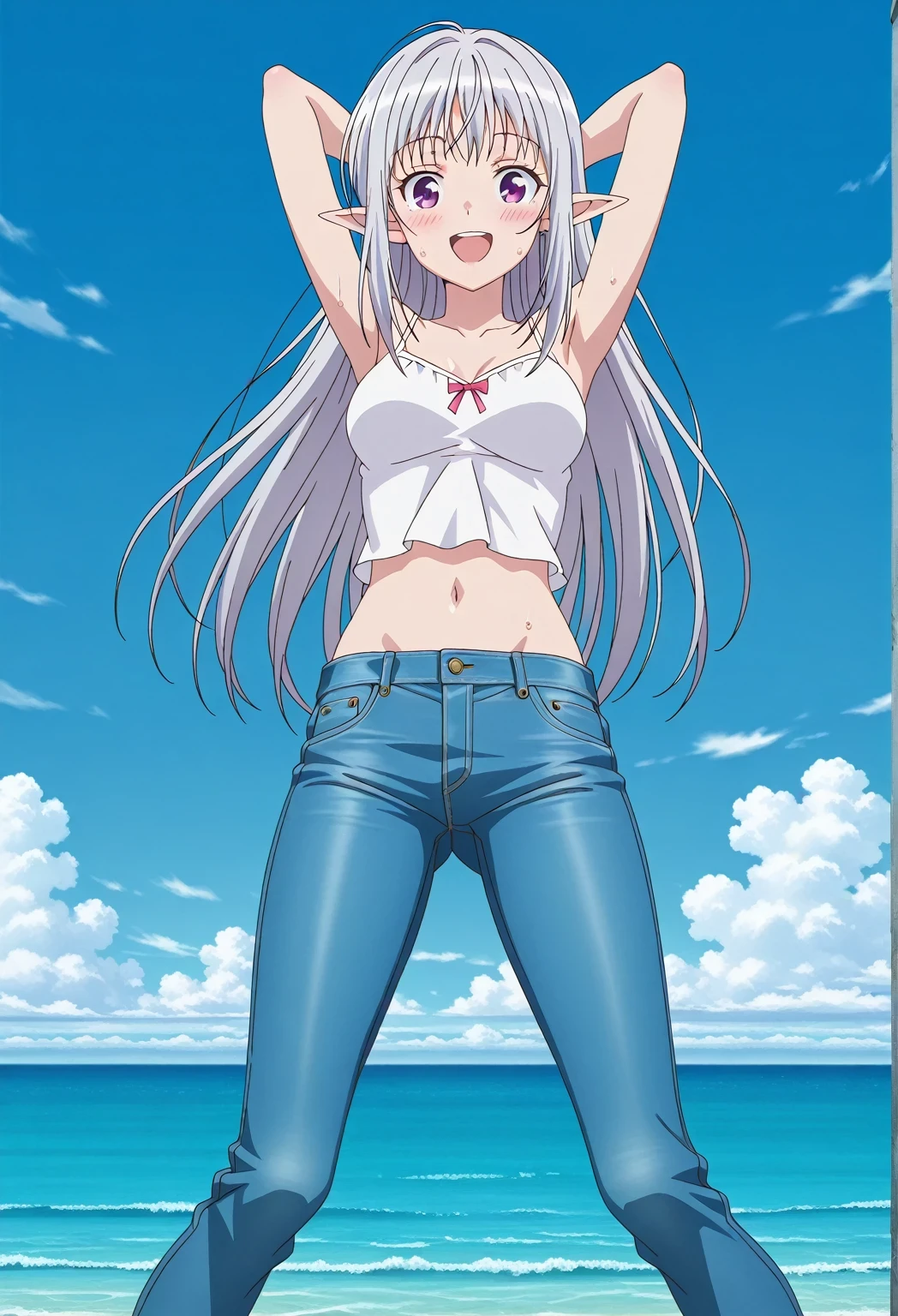 score_9, score_8_up, score_7_up, source_anime, highres, hi res, ((best quality, top quality, perfect quality, Highest Quality, amazing quality)), {{masterpiece}}, {{an extremely delicate and beautiful}}, 2d, intricate details, official style, anime, 8k, anime style, official_anime, official art, digital painting, cell shading, soft shading, high resolution, soothing tones, Subdued Color, Soft cinematic light, adobe lightroom, photolab, HDR, intricately and hyper-detailed, ((high quality animation)), 1 girl, Alone, solo, ((ocean)), tsunami, on the water, day, sunny, outdoors, sky, windy, mariabelle, long hair, purple eyes, white hair, grey hair, pointy ears, elf, anime screencap, medium breasts, white camisole top, crop top, white crop top, best quality, hyper-detailed jeans, ((blue jeans:1.9)), (dark blue jeans:0.6), full medium body, medium shot, Open mouth, smiling, happy face, blush, sweat, standing, ((arms behind head:6.0)), bowlegged, jumping pose, action, looking at viewer, spread legs, Bend knees slightly, straight-on front view