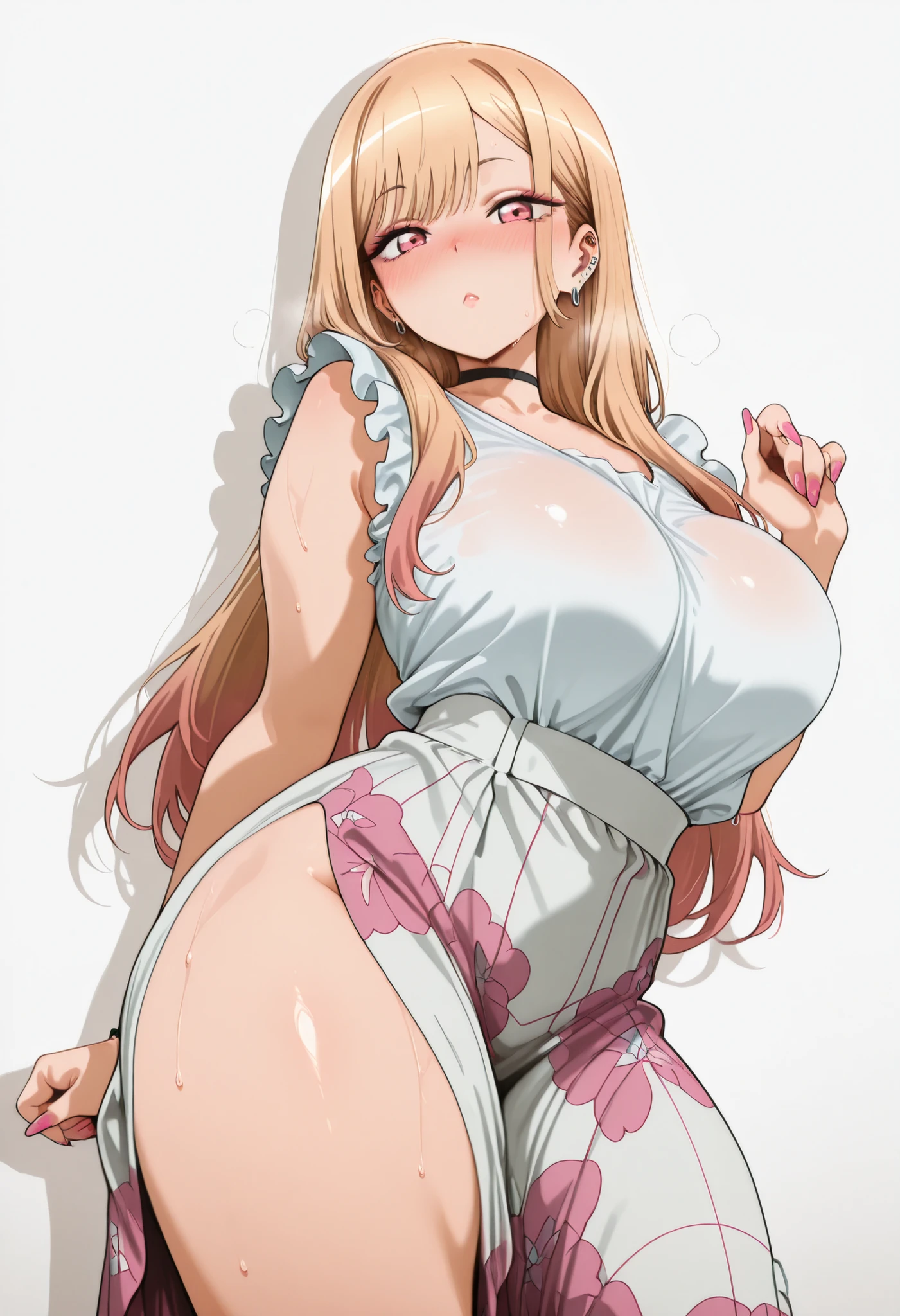 marin kitagawa, large breast, thic thigh,, multicolored hair, blonde hair, long hair, magenta eyes, ear piercing, earrings, pink nails, makeup,, nice legs, looking at viewer, solo, looking at viewer, nose blush, shiny legs, shiny body, shiny hair, clear skin, clear body, sweat, sweaty, sweaty:1.3, large breasts,, thick thigh, thick thighs,, nice legs, solo, large breasts, thick thigh,                          , WHITE BACKGROUND, EMPTY BACKGROUND,  sleeveless shirt, frills, high-waist skirt, long skirt, (color) skirt