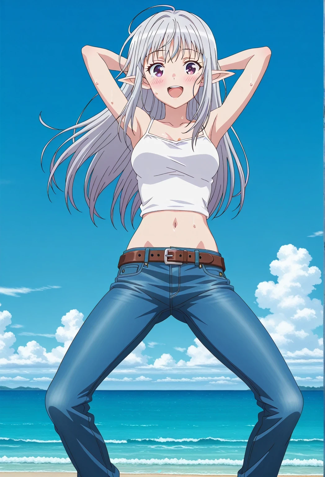 score_9, score_8_up, score_7_up, source_anime, highres, hi res, ((best quality, top quality, perfect quality, Highest Quality, amazing quality)), {{masterpiece}}, {{an extremely delicate and beautiful}}, 2d, intricate details, official style, anime, 8k, anime style, official_anime, official art, digital painting, cell shading, soft shading, high resolution, soothing tones, Subdued Color, Soft cinematic light, adobe lightroom, photolab, HDR, intricately and hyper-detailed, ((high quality animation)), 1 girl, Alone, solo, ((ocean)), tsunami, on the water, day, sunny, outdoors, sky, windy, mariabelle, long hair, purple eyes, white hair, grey hair, pointy ears, elf, anime screencap, medium breasts, white camisole top, crop top, white crop top, best quality, hyper-detailed jeans, belt, brown belt, ((blue jeans:1.9)), (dark blue jeans:0.6), full medium body, medium shot, Open mouth, smiling, happy face, blush, sweat, standing, ((arms behind head:6.0)), bowlegged, jumping pose, action, looking at viewer, spread legs, Bend knees slightly, straight-on front view