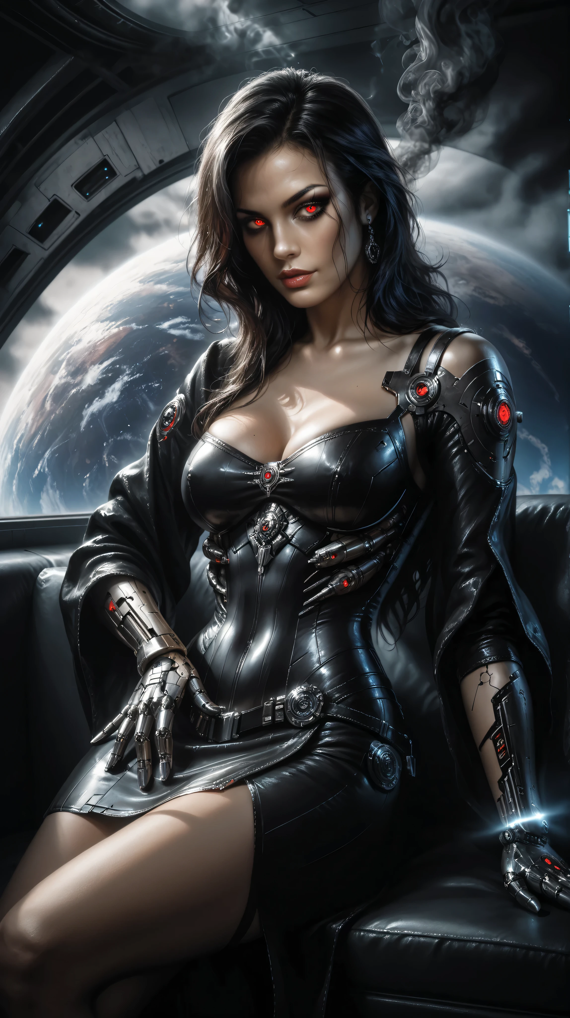 Realistic image, photorealistic, high quality, realistic,
(Image of a beautiful, curvy woman), shot from mid-thigh,
Head: Nicole Kidman's face, long hair, makeup, dark eyeliner, red eyes, glowing eyes, cybernetic facial features, defined facial contours,
Body: cybernetic skirt, cybernetic top, black cybernetic robe, entire body shrouded in black smoke,
Setting: Inside a dark spaceship, surrounded by dark matter, space outside the window, holographic screens built into the walls, black smoke, dim instrument lights, no lighting,
Action: Posing authoritatively, reclining, one hand on hip, other hand on armrest,
Gothic science fiction, dark fantasy, dark science fiction, gothic fantasy,