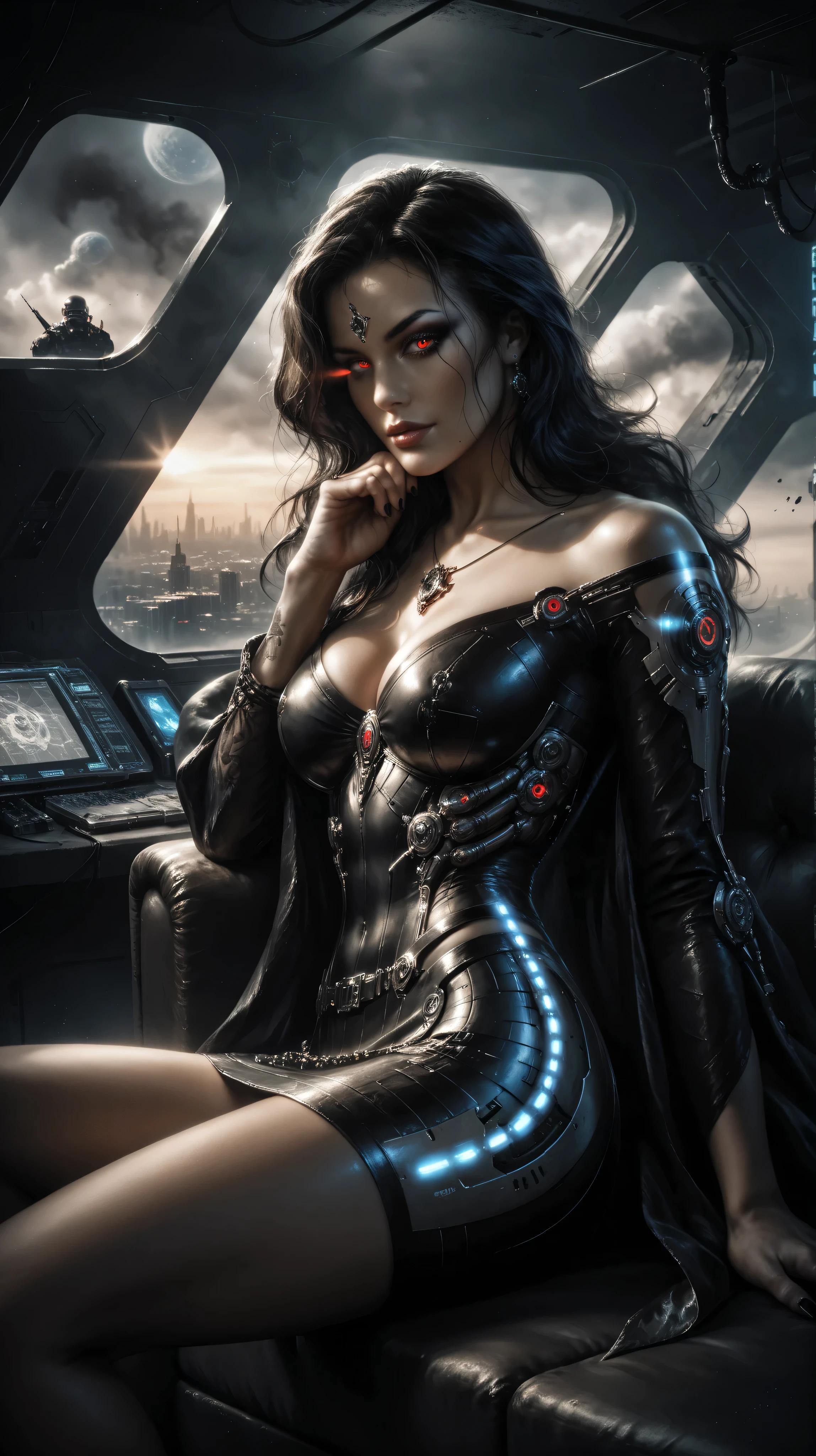 Realistic image, photorealistic, high quality, realistic,
(Image of a beautiful, curvy woman), shot from mid-thigh,
Head: Nicole Kidman's face, long hair, makeup, dark eyeliner, red eyes, glowing eyes, cybernetic facial features, defined facial contours,
Body: cybernetic skirt, cybernetic top, black cybernetic robe, entire body shrouded in black smoke,
Setting: Inside a dark spaceship, surrounded by dark matter, space outside the window, holographic screens built into the walls, black smoke, dim instrument lights, no lighting,
Action: Posing authoritatively, reclining, one hand on hip, other hand on armrest,
Gothic science fiction, dark fantasy, dark science fiction, gothic fantasy,