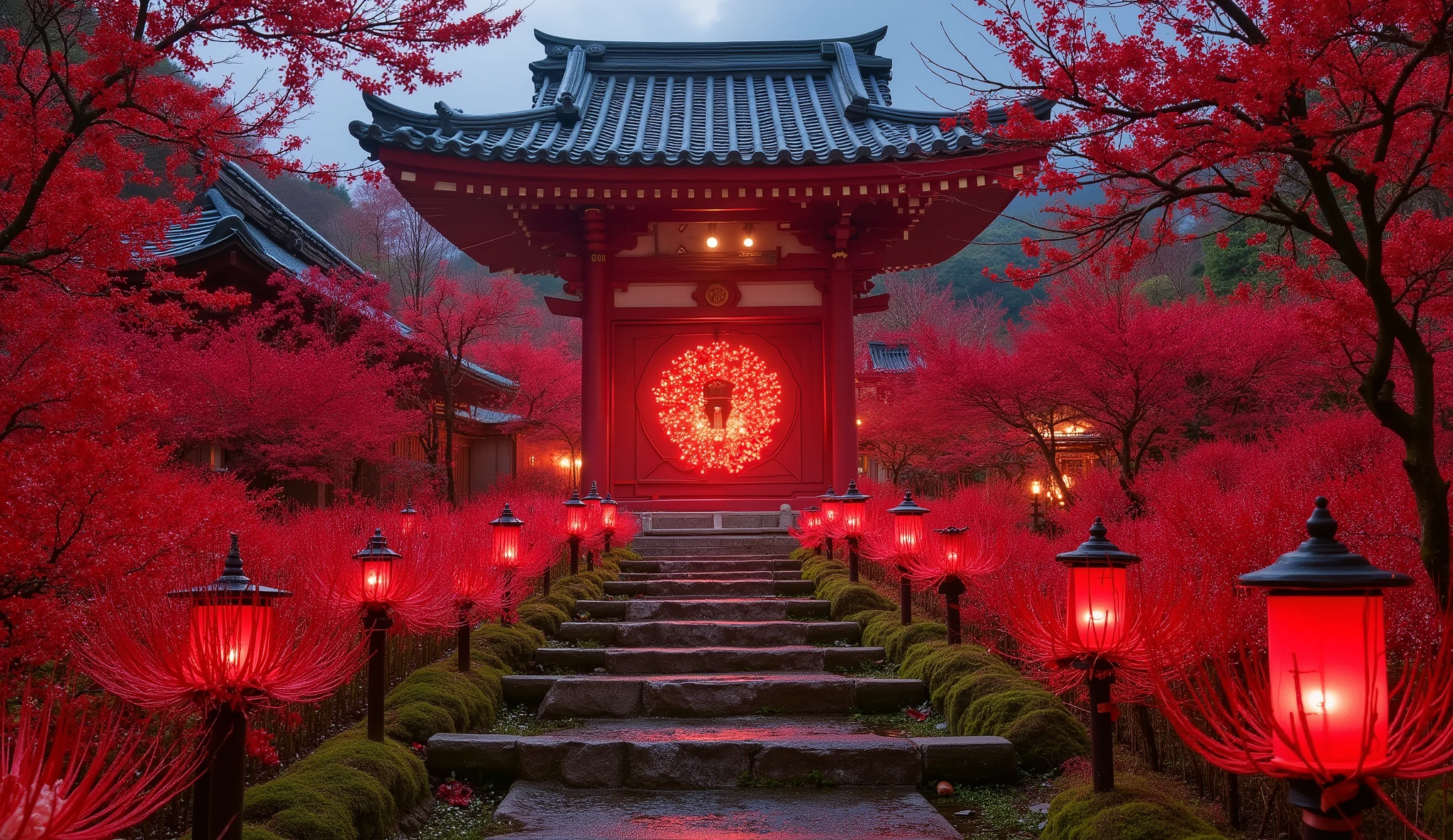 (A vermilion Japanese temple appears after climbing the old mossy stone steps:1.5),(Japanese-style temples and stone lanterns:1.5),(A magnificent old shrine appears after climbing the mossy stone steps:1.5), (A beautiful world of sunsets:1.5),A mysterious world),fantastic atmosphere,A fox fire is lit in front of the shrine,(All the stone lanterns are lit:1.5),(The bright red flowers of the red spider lilies secretly blooming around the stone lantern:1.5),(The bright red flowers of the Manjushita Higanbana in full bloom:1.5),(A beautiful world of sunsets:1.5),(The bright red flowers of the red spider lilies secretly blooming around the stone lantern:1.5),(A bright red manju shagge secretly blooming around a stone lantern:1.5), lots of spider lilies blooming ,A lot of mandarin shagels are blooming,countless spider lilies are blooming,(people:1.5),