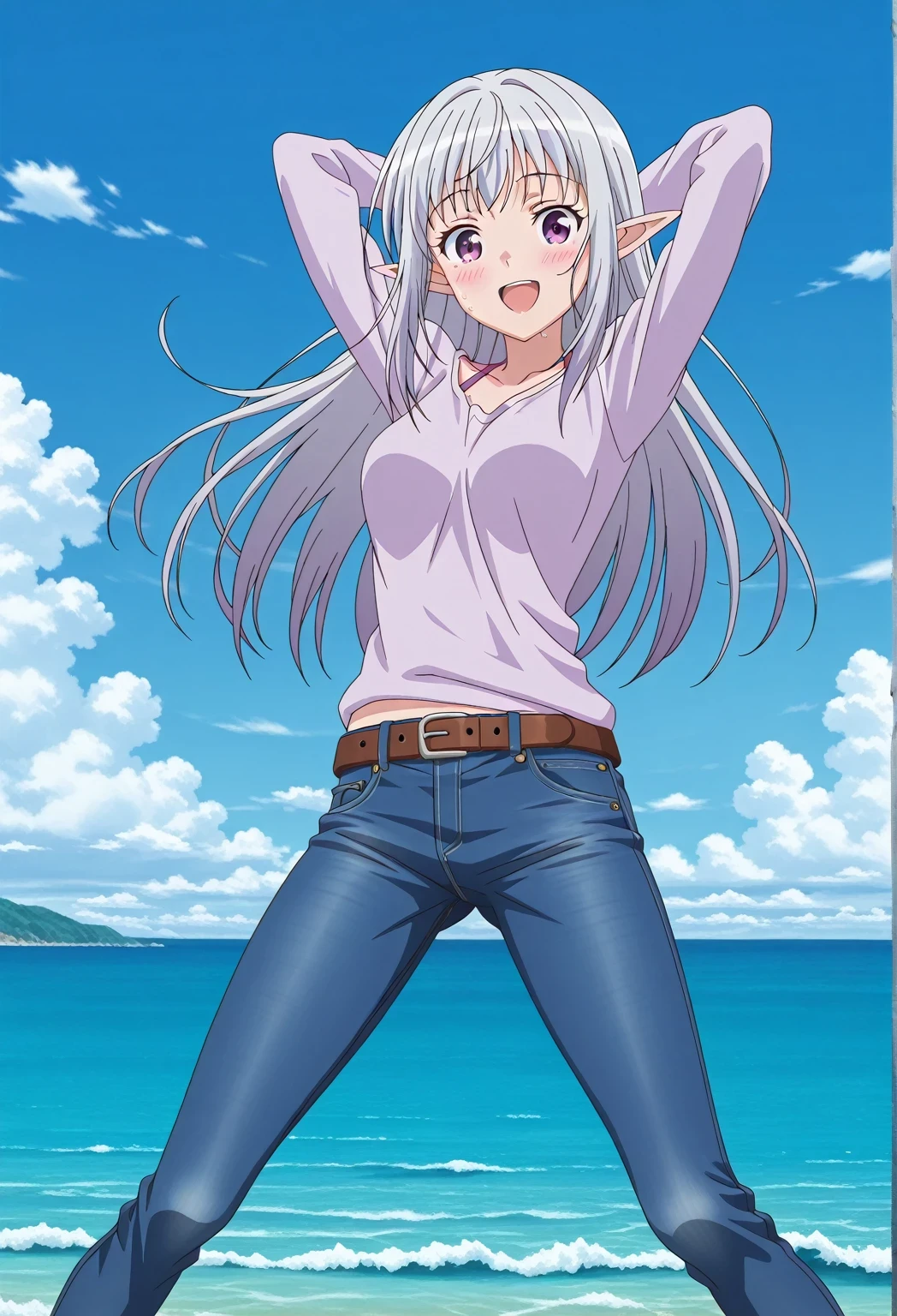 score_9, score_8_up, score_7_up, source_anime, highres, hi res, ((best quality, top quality, perfect quality, Highest Quality, amazing quality)), {{masterpiece}}, {{an extremely delicate and beautiful}}, 2d, intricate details, official style, anime, 8k, anime style, official_anime, official art, digital painting, cell shading, soft shading, high resolution, soothing tones, Subdued Color, Soft cinematic light, adobe lightroom, photolab, HDR, intricately and hyper-detailed, ((high quality animation)), 1 girl, Alone, solo, ((ocean)), tsunami, on the water, day, sunny, outdoors, sky, windy, mariabelle, long hair, purple eyes, white hair, grey hair, pointy ears, elf, anime screencap, medium breasts, light purple top, best quality, hyper-detailed jeans, belt, brown belt, ((blue jeans:1.9)), (dark blue jeans:0.6), full medium body, medium shot, Open mouth, smiling, happy face, blush, sweat, standing, ((arms behind head:6.0)), bowlegged, jumping pose, action, looking at viewer, spread legs, Bend knees slightly, straight-on front view