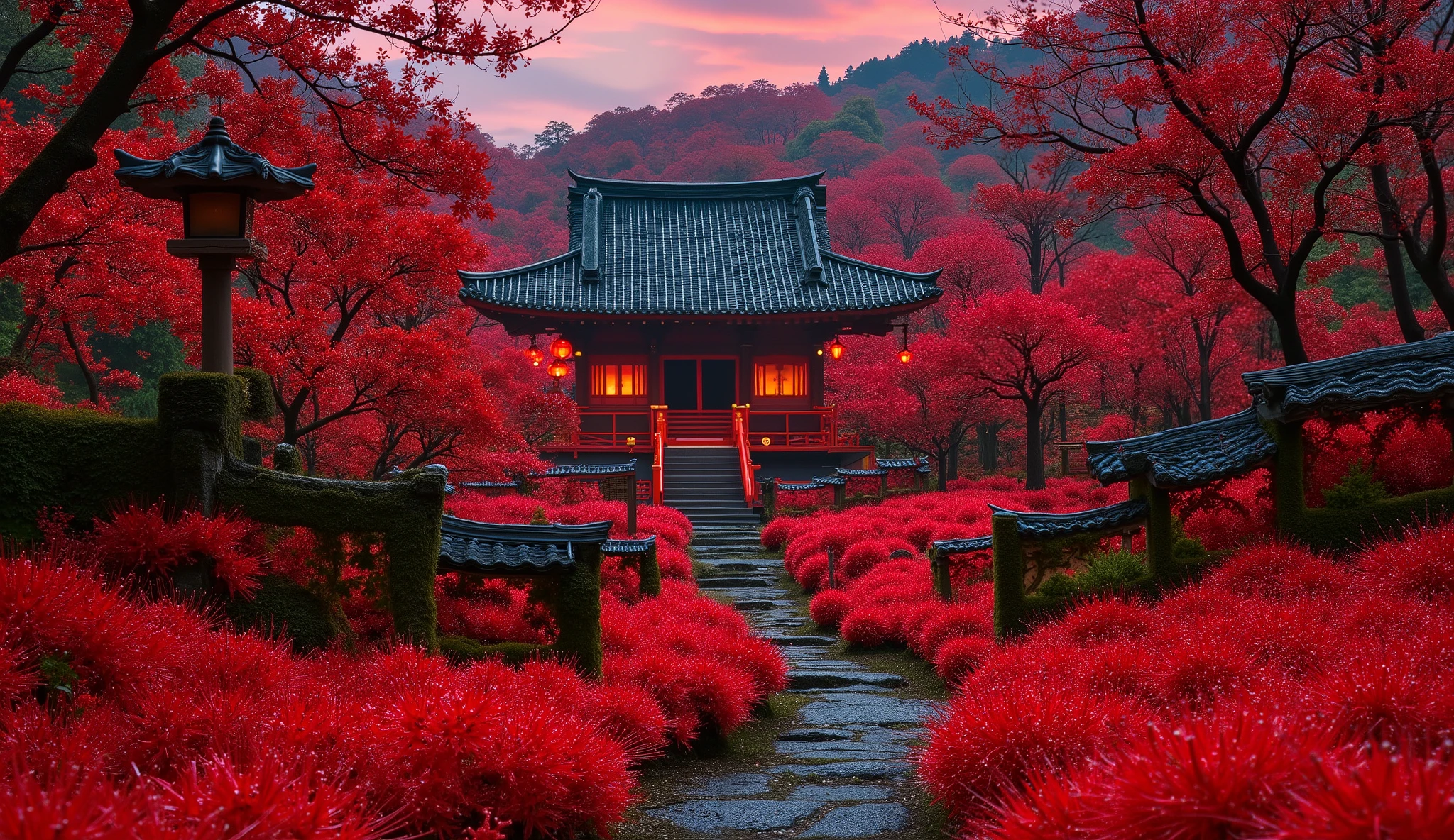 (A vermilion Japanese temple appears after climbing the old mossy stone steps:1.5),(Japanese-style temples and stone lanterns:1.5),(A magnificent old shrine appears after climbing the mossy stone steps:1.5), (A beautiful world of sunsets:1.5),A mysterious world),fantastic atmosphere,A fox fire is lit in front of the shrine,(All the stone lanterns are lit:1.5),(The bright red flowers of the red spider lilies secretly blooming around the stone lantern:1.5),(The bright red flowers of the Manjushita Higanbana in full bloom:1.5),(A beautiful world of sunsets:1.5),(The bright red flowers of the red spider lilies secretly blooming around the stone lantern:1.5),(A bright red manju shagge secretly blooming around a stone lantern:1.5), lots of spider lilies blooming ,A lot of mandarin shagels are blooming,countless spider lilies are blooming,(people:1.5),