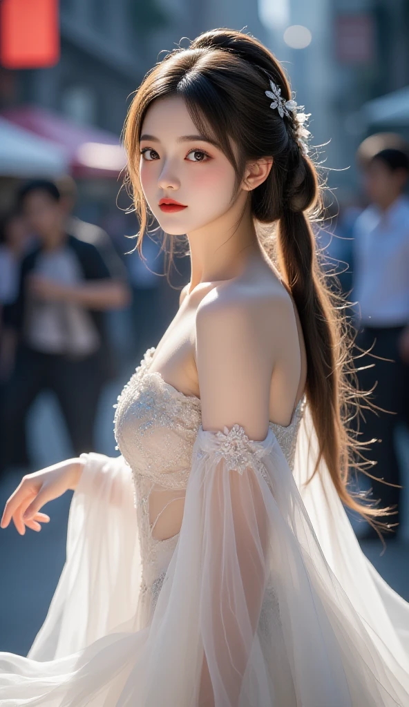 ((( Create a realistic Asian woman , 19years old ,  beauty , use same face for all four images ))) , ((( Random camera position shot, Random front to back angle shot , model look at camera ))) ,Surrealist portraits of woman by David Hochney , long white hair color ,  lace  dress , Xin jiang dancer  ,inticate detailed , leg apart ,(( Gigantic  , beautiful  )) , Random location , snow in background , suggestive smile , adorn exquisite jewelry , ((( model have pale white skin , skin look glossy ))) , ((( Random pose ,  posture , skin revealing ))) ,Charming smile,  curves , photograph realistic , Volumetric lighting , Extra detailed face , (( Slender body ,  body )) , (( Solo , 1girl )) , deep shadow ,  (( show  , pubic )) , hairless pubic ,  censorship