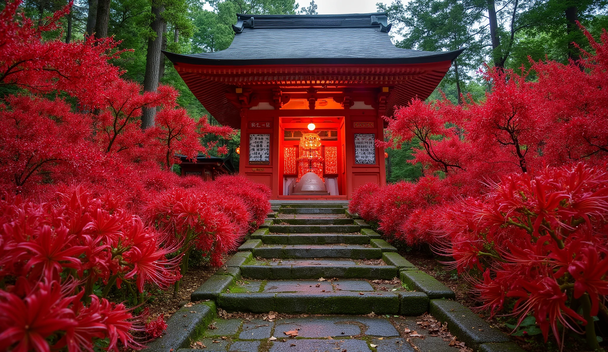(A vermilion Japanese temple appears after climbing the old mossy stone steps:1.5),(Japanese style templeと石灯籠:1.5),(A magnificent old shrine appears after climbing the mossy stone steps:1.5), (A beautiful world of sunsets:1.5),A mysterious world),fantastic atmosphere,A fox fire is lit in front of the shrine,(All the stone lanterns are lit:1.5),(The bright red flowers of the red spider lilies secretly blooming around the stone lantern:1.5),(The bright red flowers of the Manjushita Higanbana in full bloom:1.5),(A beautiful world of sunsets:1.5),(The bright red flowers of the red spider lilies secretly blooming around the stone lantern:1.5),(A bright red manju shagge secretly blooming around a stone lantern:1.5), lots of spider lilies blooming ,A lot of mandarin shagels are blooming,countless spider lilies are blooming,(people:1.5),(Japanese style temple:1.5),