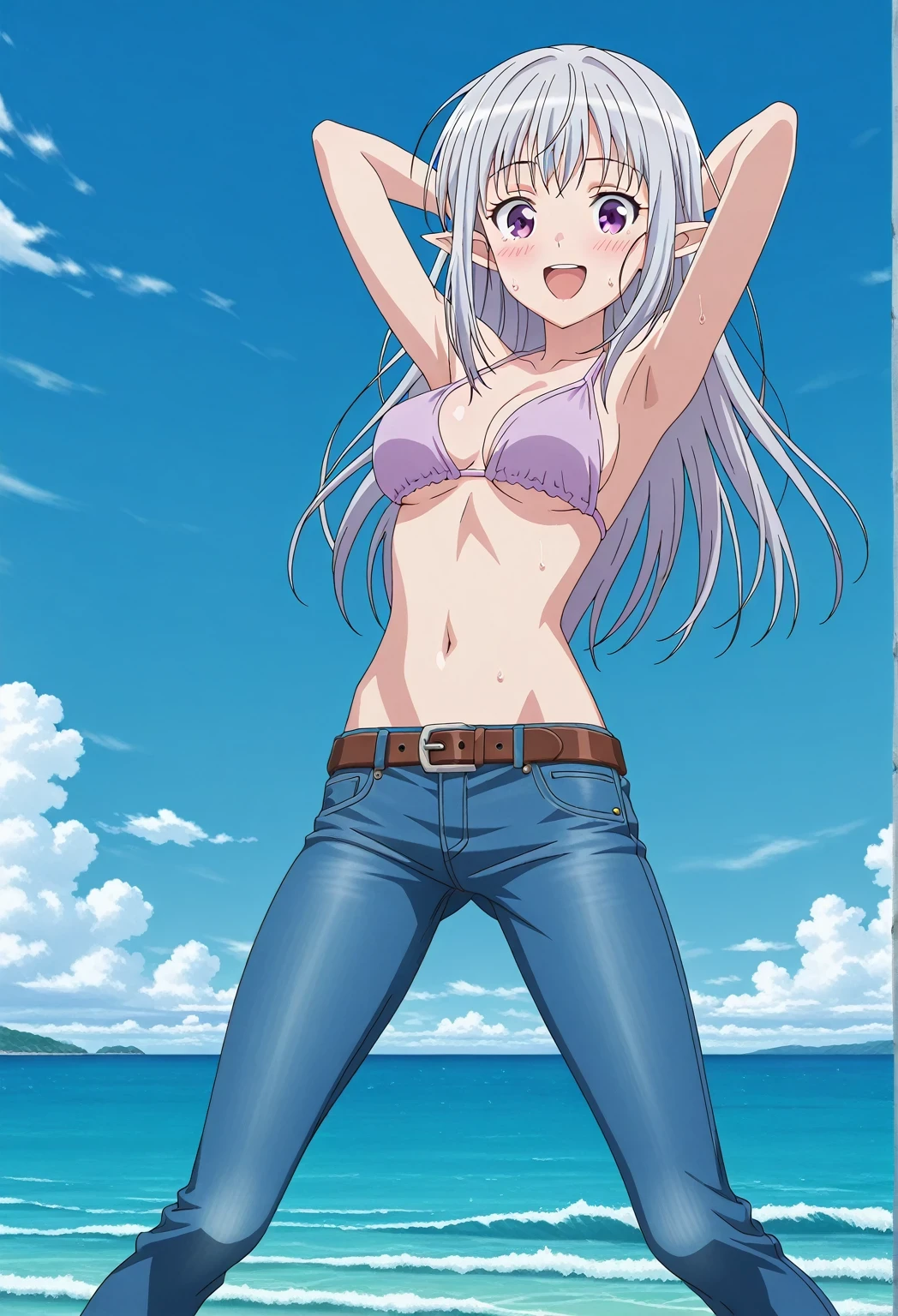 score_9, score_8_up, score_7_up, source_anime, highres, hi res, ((best quality, top quality, perfect quality, Highest Quality, amazing quality)), {{masterpiece}}, {{an extremely delicate and beautiful}}, 2d, intricate details, official style, anime, 8k, anime style, official_anime, official art, digital painting, cell shading, soft shading, high resolution, soothing tones, Subdued Color, Soft cinematic light, adobe lightroom, photolab, HDR, intricately and hyper-detailed, ((high quality animation)), 1 girl, Alone, solo, ((ocean)), tsunami, on the water, day, sunny, outdoors, sky, windy, mariabelle, long hair, purple eyes, white hair, grey hair, pointy ears, elf, anime screencap, medium breasts, light purple bikini top, best quality, hyper-detailed jeans, belt, brown belt, ((blue jeans:1.9)), (dark blue jeans:0.6), full medium body, medium shot, Open mouth, smiling, happy face, blush, sweat, standing, ((arms behind head:6.0)), bowlegged, jumping pose, action, looking at viewer, spread legs, Bend knees slightly, straight-on front view