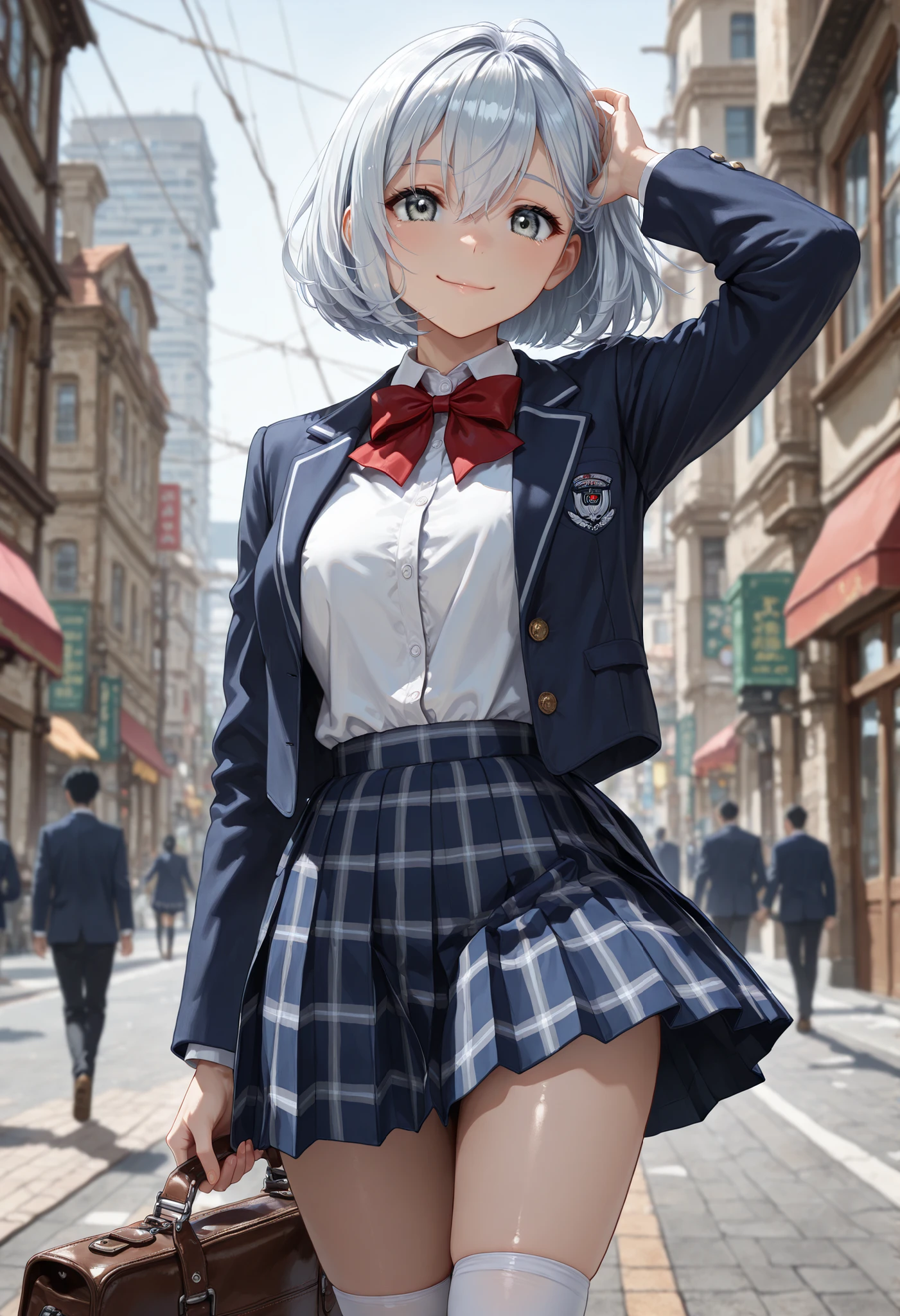 cowboy shot, masterpiece, best quality, amazing quality, very aesthetic, high resolution, ultra-detailed, absurdres, newest, scenery, BREAK, depth of field, volumetric lighting, (masterpiece, best quality, absurdres, detailed,perfect quality, amazing quality, very aesthetic, absurdres, newest, ultra-detailed:1.2), extremely detailed, modern, very awa, crisp, sharp, beautiful eyes, fine textures, clean skin, 1girl, 18yo, BREAK ((silver hair:1.5),bob cut, bang between eyes), ((glossy silver eyes:1.5)), (cute eyes, tareme, twinkle eyes), (large breasts), cute face, beautiful face, pretty face, beautiful, good anatomy, long eyelashes, expressive eyes, Perfect Hands, happy, one eye close, smile, glossy lips, perfecteyes, BREAK 1girl, blazer and knit vest style school uniform, two-piece layered tops, (wear a navy blazer jacket) over a (white collared-shirt:0.5), Layering, separating a long sleeved navy blazer jacket and white collared-shirt, (outerwear is navy blazer jacket), navy long sleeves, innerwear is white collar exposed from V-neckline, outer jacket is navy, (white collared-shirt:0.5) with big red ribbon bow on neck, only exposed dark-navy plaid skirt-hem, navy pleated mini skirt, white knee socks, brown loafers, (holding one black school bag), BREAK 1girl, morning, sunny, daylight, city, street,a cute anime girl, (dynamic posing:1.6), in a hurry. BREAK soft lighting, (masterpiece, best quality), (cute, 8K, perfect lighting, perfect anatomy), absurdres, (best quality), (ultra-detailed:1.2), high res, very aesthetic, ultra-detailed, cinematic, masterpiece, best quality, sharp outline, detailed eyes, high gradient eyes, high definition eyes