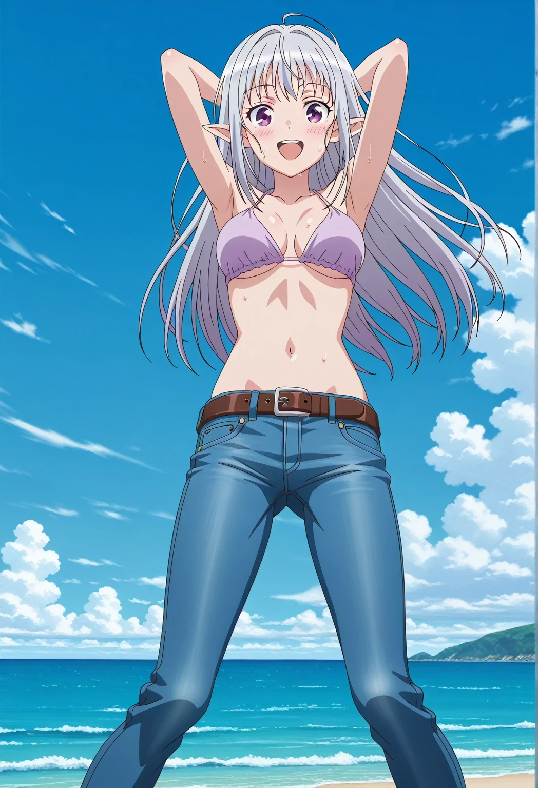 score_9, score_8_up, score_7_up, source_anime, highres, hi res, ((best quality, top quality, perfect quality, Highest Quality, amazing quality)), {{masterpiece}}, {{an extremely delicate and beautiful}}, 2d, intricate details, official style, anime, 8k, anime style, official_anime, official art, digital painting, cell shading, soft shading, high resolution, soothing tones, Subdued Color, Soft cinematic light, adobe lightroom, photolab, HDR, intricately and hyper-detailed, ((high quality animation)), 1 girl, Alone, solo, ((ocean)), tsunami, on the water, day, sunny, outdoors, sky, windy, mariabelle, long hair, purple eyes, white hair, grey hair, pointy ears, elf, anime screencap, medium breasts, light purple bikini top, best quality, hyper-detailed jeans, belt, brown belt, ((blue jeans:1.9)), (dark blue jeans:0.6), full medium body, medium shot, Open mouth, smiling, happy face, blush, sweat, standing, ((arms behind head:6.0)), bowlegged, jumping pose, action, looking at viewer, spread legs, Bend knees slightly, straight-on front view
