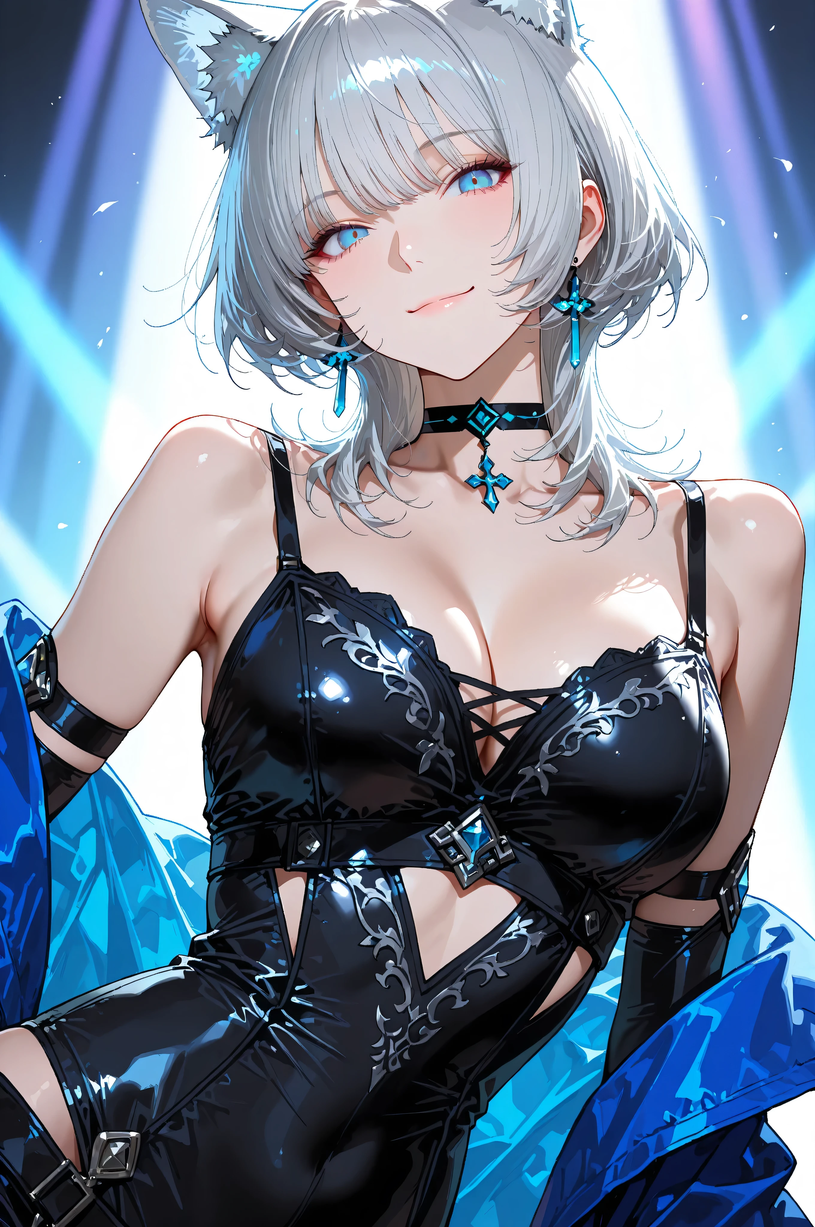 (8k, Highest Quality, masterpiece: 1.2),upper body,dynamic pose, Silver Hair、sharp and intelligent blue eyes,tallでスラリとした体型、Graceful and graceful appearance,Mens Medium Hair,smooth hair,tall,Smile,Dance Party,
Detailed character design, characters noble fantasy setting.,high quality illustration,Cat ears,do not interfere unless the choker,wolf cut hairstyle