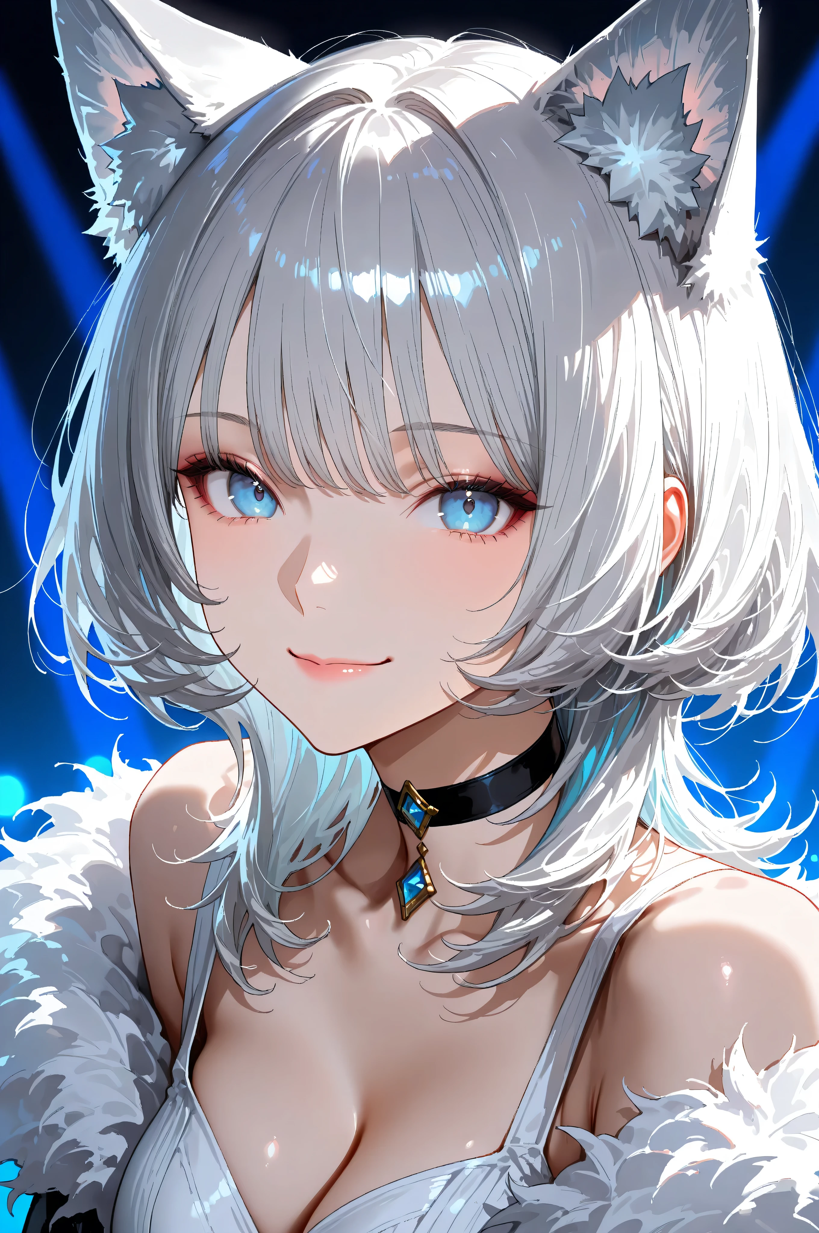 (8k, Highest Quality, masterpiece: 1.2),upper body,dynamic pose, Silver Hair、sharp and intelligent blue eyes,tallでスラリとした体型、Graceful and graceful appearance,Mens Medium Hair,smooth hair,tall,Smile,Dance Party,
Detailed character design, characters noble fantasy setting.,high quality illustration,Cat ears,do not interfere unless the choker,wolf cut hairstyle