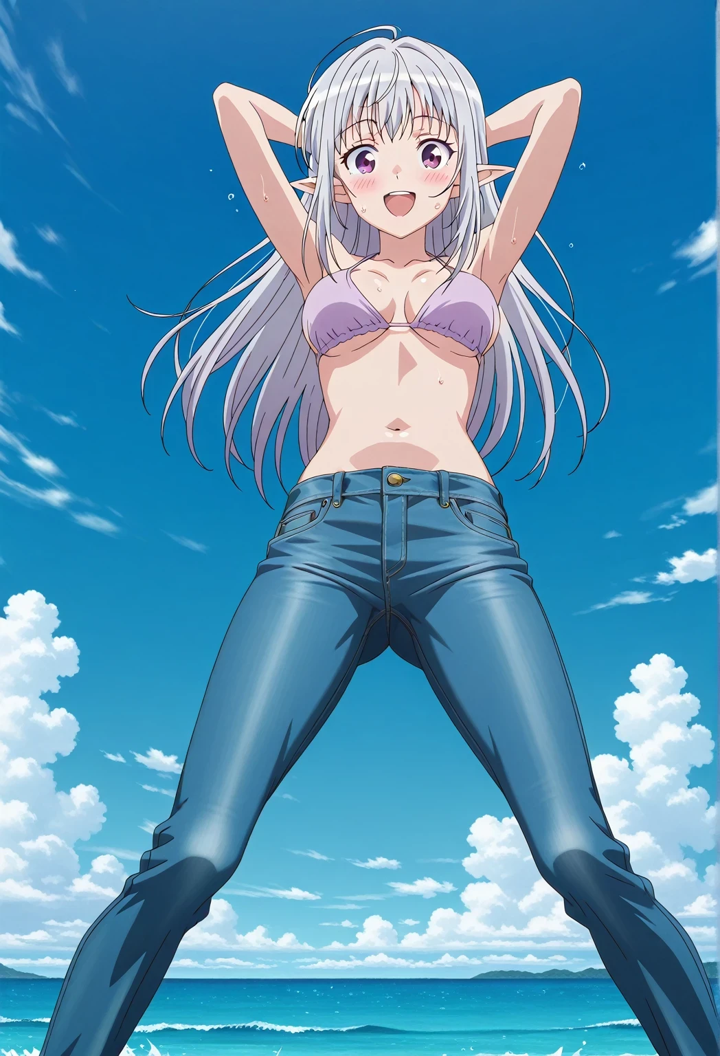 score_9, score_8_up, score_7_up, source_anime, highres, hi res, ((best quality, top quality, perfect quality, Highest Quality, amazing quality)), {{masterpiece}}, {{an extremely delicate and beautiful}}, 2d, intricate details, official style, anime, 8k, anime style, official_anime, official art, digital painting, cell shading, soft shading, high resolution, soothing tones, Subdued Color, Soft cinematic light, adobe lightroom, photolab, HDR, intricately and hyper-detailed, ((high quality animation)), 1 girl, Alone, solo, ((ocean)), tsunami, on the water, day, sunny, outdoors, sky, windy, mariabelle, long hair, purple eyes, white hair, grey hair, pointy ears, elf, anime screencap, medium breasts, light purple bikini top, best quality, hyper-detailed jeans, ((blue jeans:1.9)), (dark blue jeans:0.6), full medium body, medium shot, Open mouth, smiling, happy face, blush, sweat, standing, ((arms behind head:6.0)), bowlegged, jumping pose, action, looking at viewer, spread legs, Bend knees slightly, straight-on front view