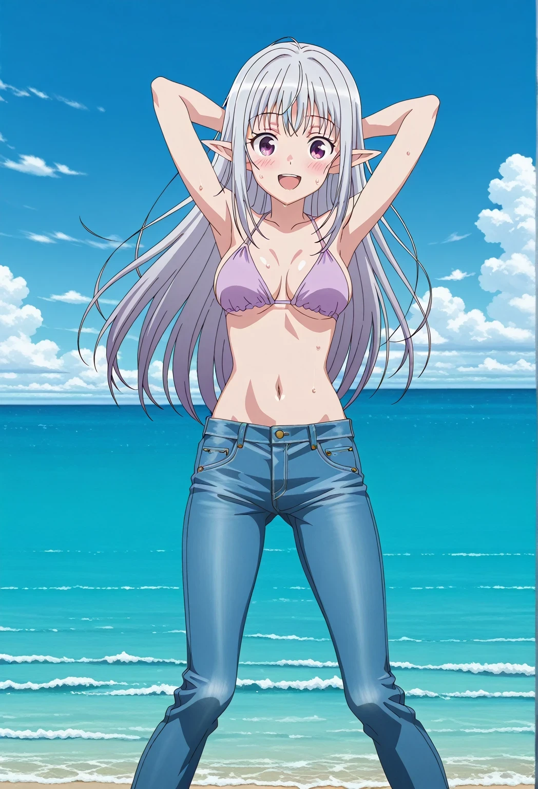 score_9, score_8_up, score_7_up, source_anime, highres, hi res, ((best quality, top quality, perfect quality, Highest Quality, amazing quality)), {{masterpiece}}, {{an extremely delicate and beautiful}}, 2d, intricate details, official style, anime, 8k, anime style, official_anime, official art, digital painting, cell shading, soft shading, high resolution, soothing tones, Subdued Color, Soft cinematic light, adobe lightroom, photolab, HDR, intricately and hyper-detailed, ((high quality animation)), 1 girl, Alone, solo, ((ocean)), tsunami, on the water, day, sunny, outdoors, sky, windy, mariabelle, long hair, purple eyes, white hair, grey hair, pointy ears, elf, anime screencap, medium breasts, light purple bikini top, best quality, hyper-detailed jeans, ((blue jeans:1.9)), (dark blue jeans:0.6), full medium body, medium shot, Open mouth, smiling, happy face, blush, sweat, standing, ((arms behind head:6.0)), bowlegged, jumping pose, action, looking at viewer, spread legs, Bend knees slightly, straight-on front view