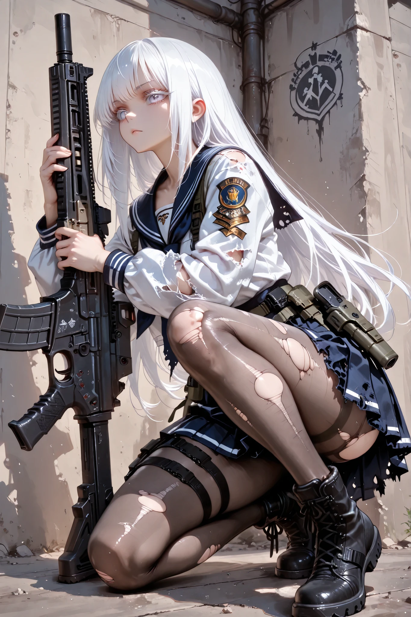 (masterpiece, Highest Quality, super detailed anime style digital painting holding a large assault rifle), 1girl, long white hair、White eyelashes、Girl in a Sailor Suit、pleated skirt、I'm holding a big assault rifle、((holding a gun on one knee:1.1))。a holster belt is attached only to the thigh and a handgun is inserted、pantyhose, dramatic composition、dynamic angle、perspective、Dynamic、masterpieceポートレート、Wilderness Battlegrounds 、torn clothes