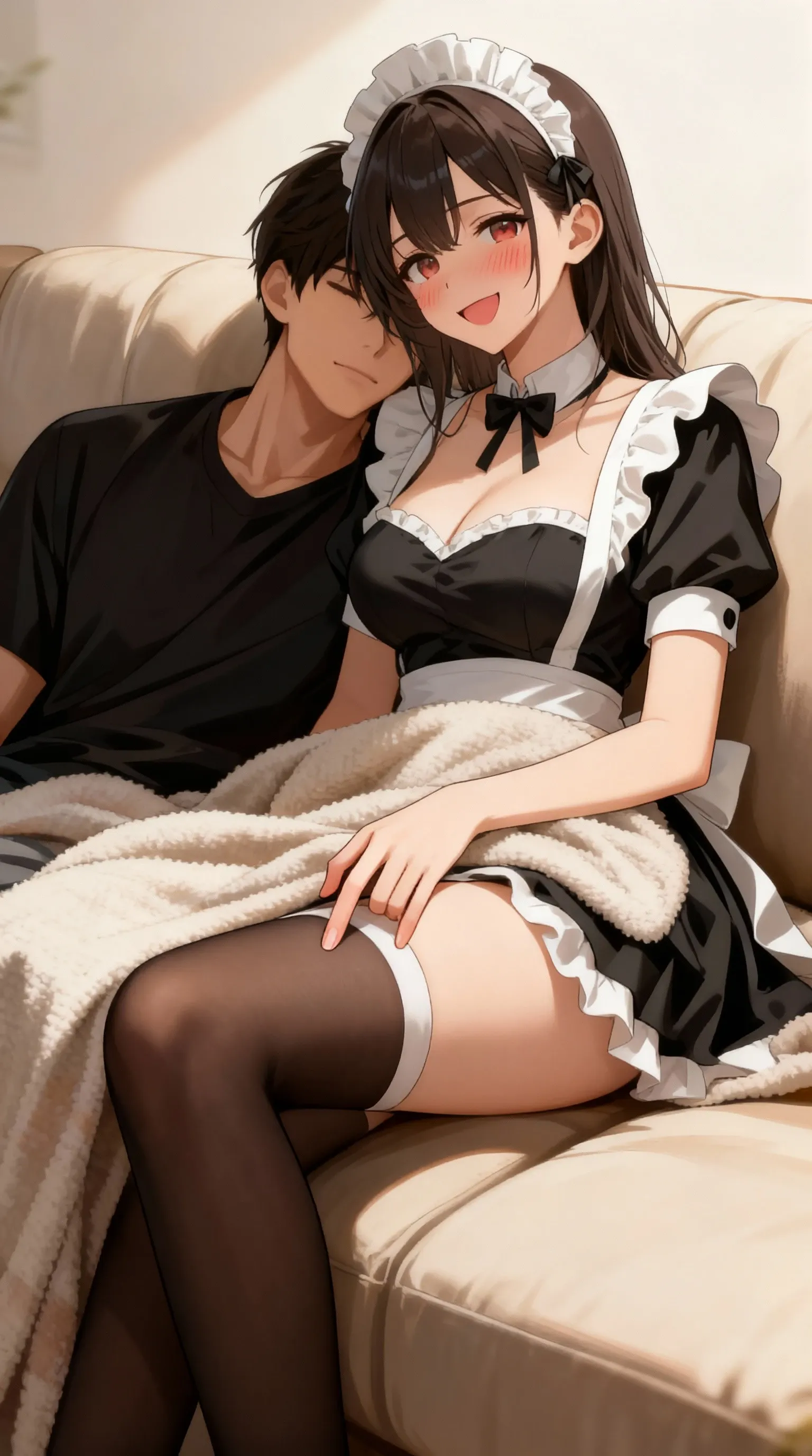 masterpiece, high quality, High resolution, super detailed, perfect , handsome boy, beautiful eyes, fine eyes, beautiful girl,((((1 boy and 1 girl)))), 28 years old, ((couple)), duo, hetero, , black hair, a boy hugs a girl, , , pubic hair, maid, dripping , puddle of ,  expression, , trembling, clothing, covered , skirt 