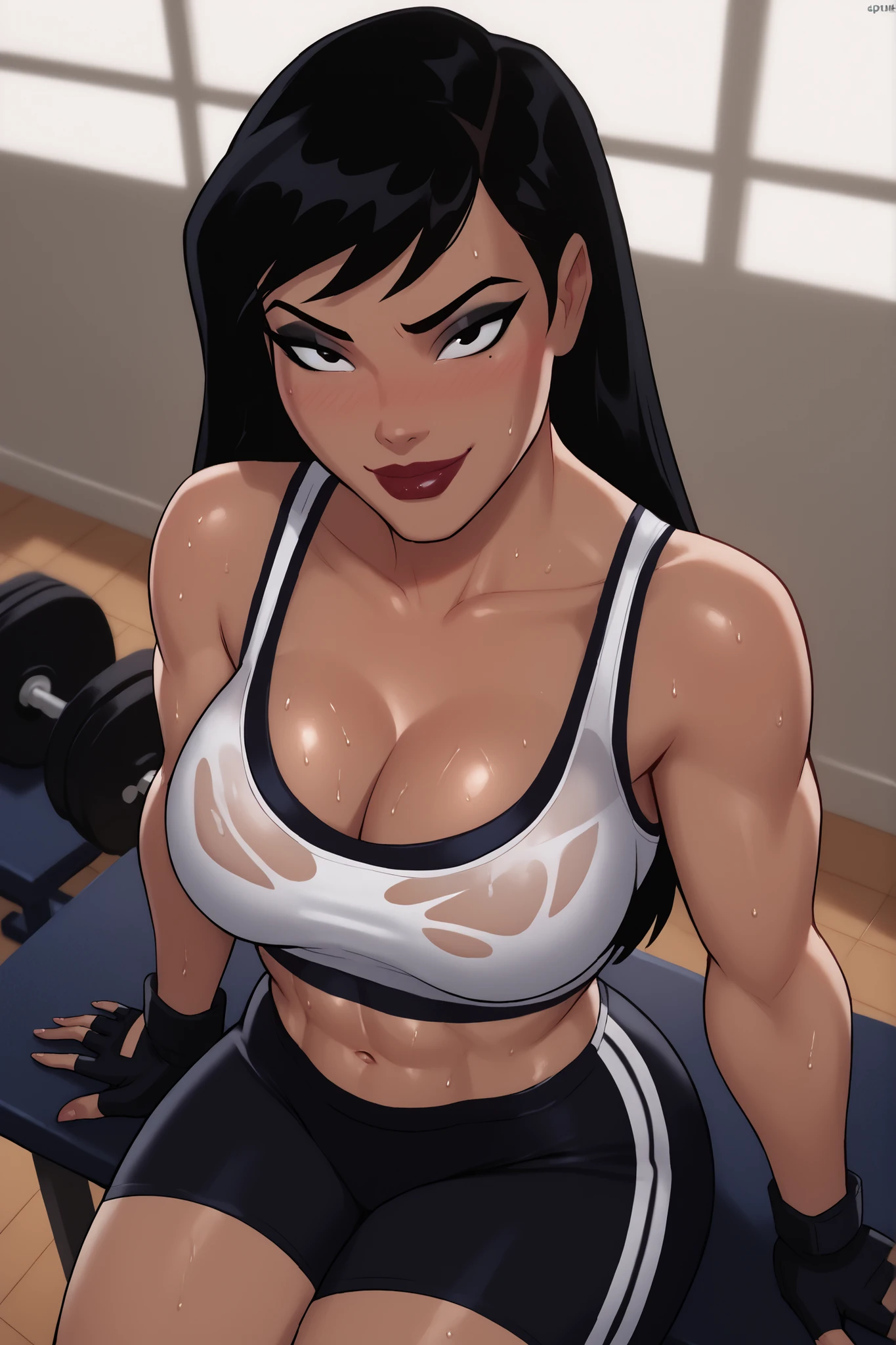 BREAK, score_6_up, score_7_up, score_8_up, score_9, 1girl, solo, Drlight, long hair, black hair, black eyes, lipstick, makeup, dark-skinned female, , busty, cleavage, curvy, athletic, midriff, looking at viewer, seducing viewer, teasing viewer, expression, smiling, closed mouth, bedroom eyes, white sports bra, black gym shorts, white fingerless gloves, indoors, gym, sitting on stool, closeup, portrait, upper body, high-angle view, black eyeshadow, sweaty, sweat drops, blushing