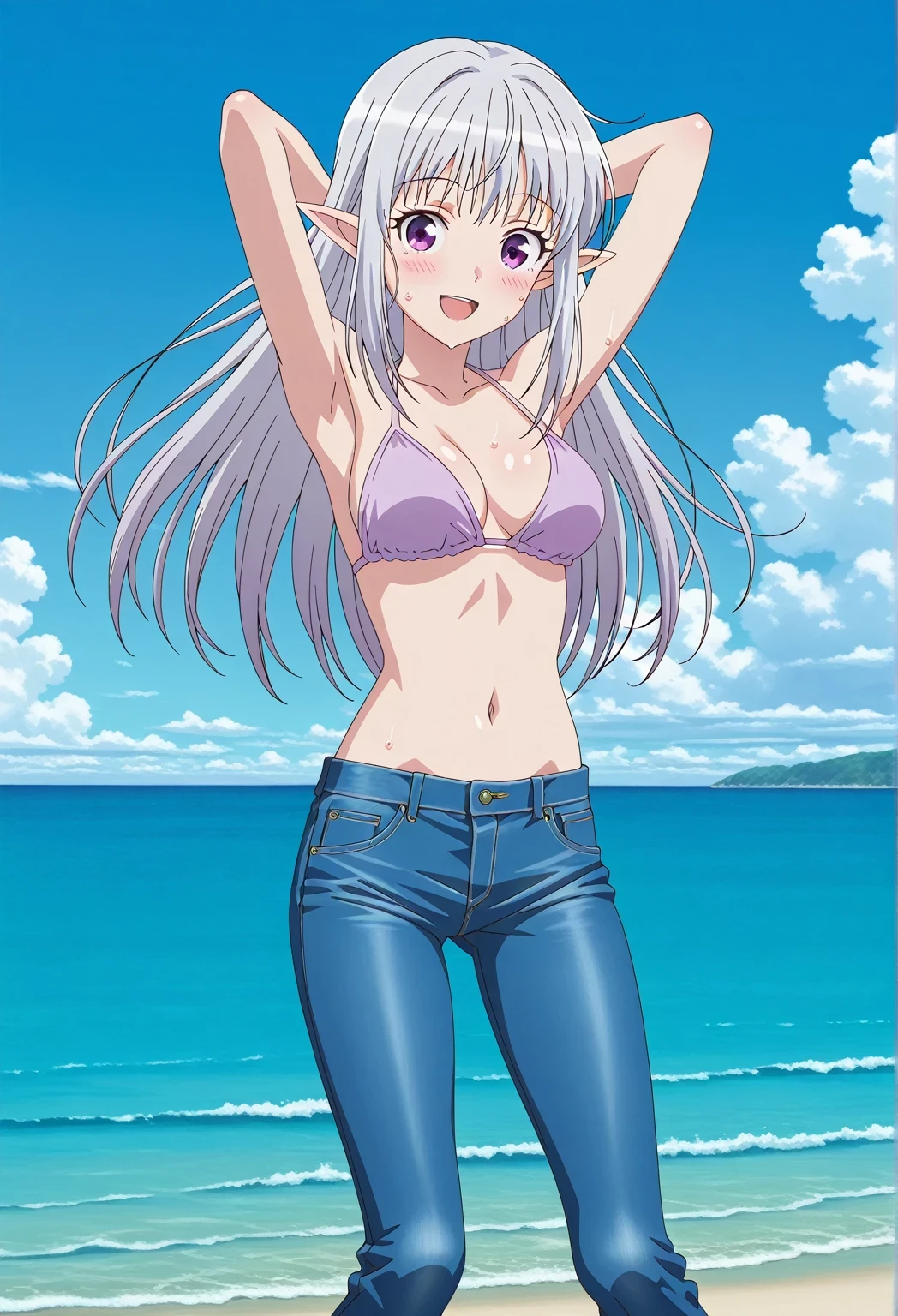 score_9, score_8_up, score_7_up, source_anime, highres, hi res, ((best quality, top quality, perfect quality, Highest Quality, amazing quality)), {{masterpiece}}, {{an extremely delicate and beautiful}}, 2d, intricate details, official style, anime, 8k, anime style, official_anime, official art, digital painting, cell shading, soft shading, high resolution, soothing tones, Subdued Color, Soft cinematic light, adobe lightroom, photolab, HDR, intricately and hyper-detailed, ((high quality animation)), 1 girl, Alone, solo, ((ocean)), tsunami, on the water, day, sunny, outdoors, sky, windy, mariabelle, long hair, purple eyes, white hair, grey hair, pointy ears, elf, anime screencap, medium breasts, light purple bikini top, best quality, hyper-detailed jeans, ((blue jeans:1.9)), (dark blue jeans:0.6), full medium body, medium shot, Open mouth, smiling, happy face, blush, sweat, standing, ((arms behind head:6.0)), bowlegged, jumping pose, action, looking at viewer, spread legs, Bend knees slightly, straight-on front view