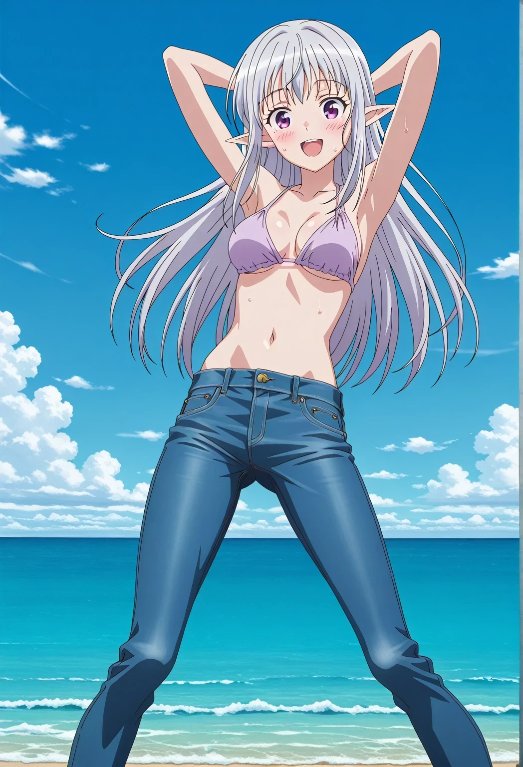 score_9, score_8_up, score_7_up, source_anime, highres, hi res, ((best quality, top quality, perfect quality, Highest Quality, amazing quality)), {{masterpiece}}, {{an extremely delicate and beautiful}}, 2d, intricate details, official style, anime, 8k, anime style, official_anime, official art, digital painting, cell shading, soft shading, high resolution, soothing tones, Subdued Color, Soft cinematic light, adobe lightroom, photolab, HDR, intricately and hyper-detailed, ((high quality animation)), 1 girl, Alone, solo, ((ocean)), tsunami, on the water, day, sunny, outdoors, sky, windy, mariabelle, long hair, purple eyes, white hair, grey hair, pointy ears, elf, anime screencap, medium breasts, light purple bikini top, best quality, hyper-detailed jeans, ((blue jeans:1.9)), (dark blue jeans:0.6), full medium body, medium shot, Open mouth, smiling, happy face, blush, sweat, standing, ((arms behind head:6.0)), bowlegged, jumping pose, action, looking at viewer, spread legs, Bend knees slightly, straight-on front view