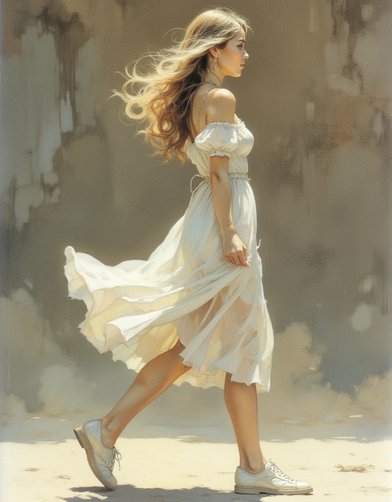 (una mujer vestida con un vestido blanco con hombros descubiertos, pelo largo arrastrado por el viento, mirando hacia arriba en una pose de pie, frente a la hermosa Aurorasant, con la puesta de sol, asociado con lo divino, a portrait photograph of a character, dirigida por Drew Tucker, dirigida por Adam Malchinski, arte sugerente, filmada con Sony a7iii, La mejor calidad, Ultra detallado, realista, Obra maestra:1.2, Estilo de Bellas Artes)