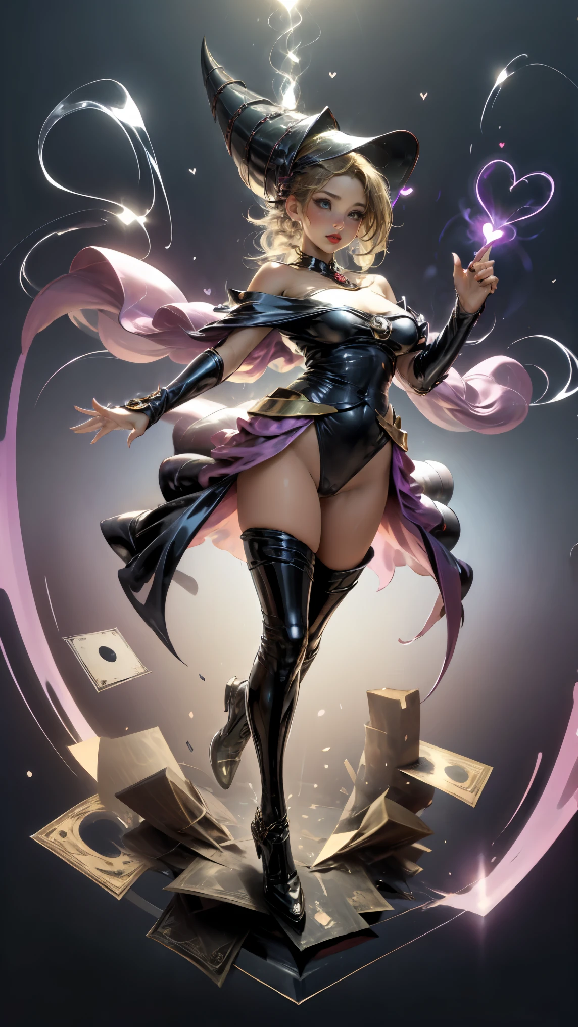 ( masterpiece :1.2), (la mejor calidad:1.2), perfect lighting, Dark Witch Chica casting a spell, floating in the air , BIG BOOBS , neckline, magic background. Transparent hearts in the environment, blue robe, large hat, from above, Flashes, Yugioh Card in the background
