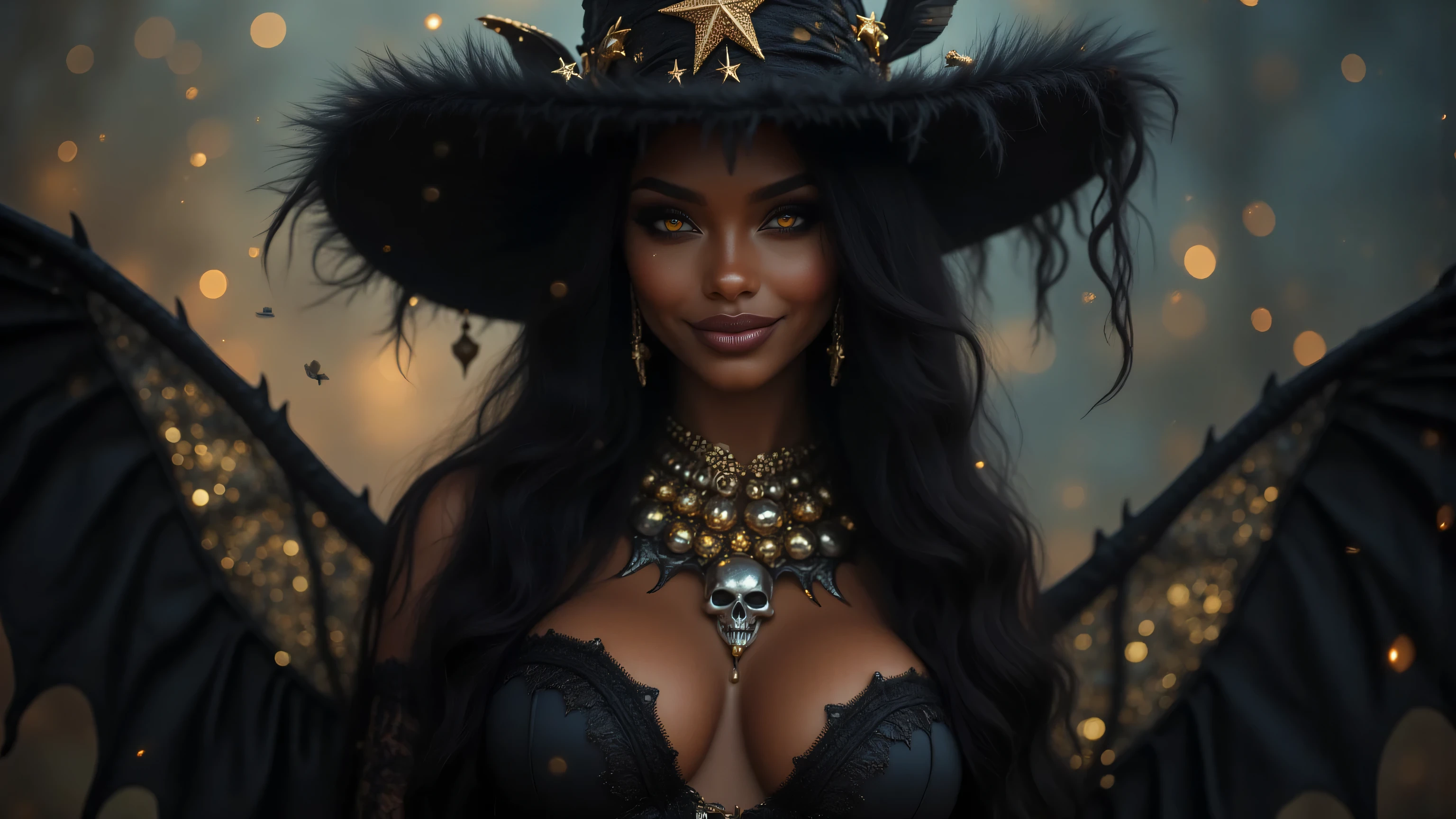 vampire, fangs, eyeshine,woman,high quality, 8K Ultra HD, professional photo, ultra sharp focus, Create a portrait of a stunning very busty black woman embodying a magical witch theme. She has evil flaming eyes and long, flowing black hair that cascades in soft waves around her shoulders. Her eyes have striking dark yellow fire eyeshine and signals horror and danger, smile with open mouth showing a pair of sharp fangs, one drop of blood is running from her mouth, She is wearing an elaborate witch's hat, deep black in color, adorned with shimmering golden stars that sparkle against the dark fabric. around her neeck is a horror necklace with sculls and dragon teeths and bat wings in black and silver, deep cleavage, in background fireflies are swarming, Her outfit is a luxurious black dress with a corset-style bodice, also embellished with golden star motifs that twinkle like celestial bodies. The dress flares out into a voluminous skirt, giving it a dramatic silhouette. The background is a soft, blurred twilight scene, filled with subtle bokeh lights that suggest a mystical atmosphere, fireflies are swarming in the background,The overall color palette consists of deep blacks, sparkling golds, and hints of soft blues, enhancing the enchanting and ethereal vibe of the image. The lighting is soft yet luminous, highlighting her features and the intricate details of her outfit, creating a magical and otherworldly ambiance, golden hour light