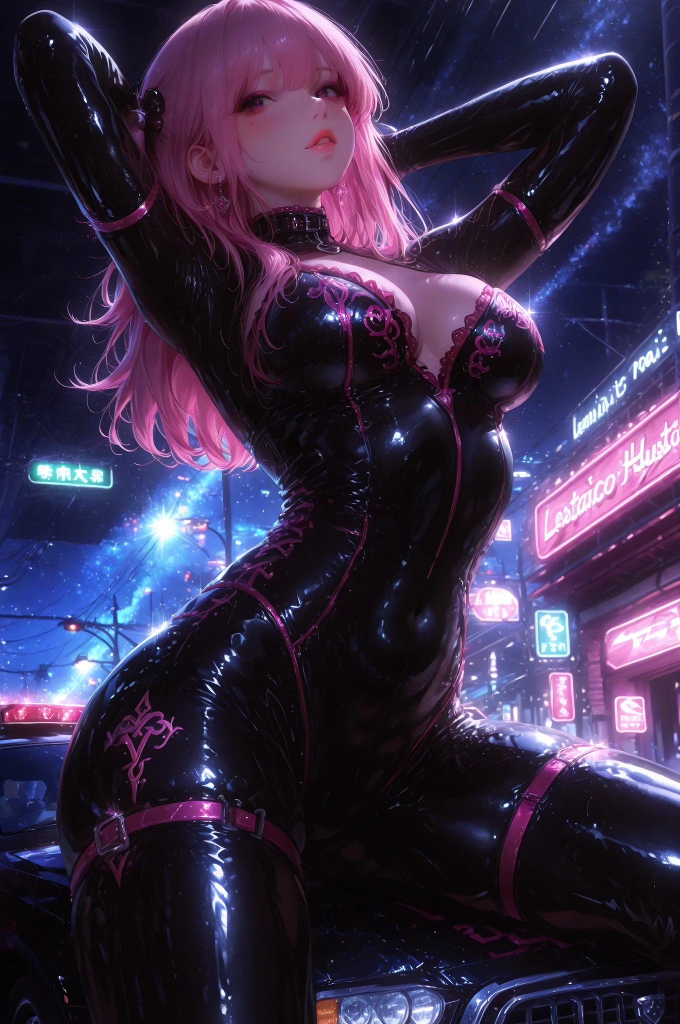 cyberpunk girl,(((1 girl))),((cute and beautiful rainbow haired girl)),

(big breasts:1.4),saggy breasts,myself,(((colorful_hair:1.3, rainbow_hair:1.3,(hair 前hair:1.3),(hair with the seven colors of the rainbow):1.3))),((straight hair:1.3, very straight hair,very_long hair:1.5)),((The beauty of extra-long hair, super long straight hair,前hair)),(((neon_rainbow_eye:1.3))),intricate eye,beautiful detailed eye,symmetrical eye,((Fat)),(((Glossy skin:1.5,bright skin: 1.5,tanned skin,shiny skin,very shiny skin,shiny body,plastic glitter skin,exaggerated shiny skin,illuminated skin,wet feet))),(spider&#39;s underbelly,tight waist,wide hips,sports body,bulging legs,detailed body,(detailed face)),

cute,slutty,erotic,((NSFW)),

zettai ryouiki,white pilot suit,White Cyber Suit,disorganized,long legs,fine legs,cleavage,(((wet clothes,intricate costumes,complicated clothes))),

(Hypnotized Poses:1.0),embarrassing,(in the center,Scale to fit,Rule of thirds),

Cyberpunk city by the sea at night, with bright neon signs and dark stormy clouds and puddles, scenery:1.25,

art photography,(Photo taken by sldr),High resolution, sharp focus, (super detailed, very detailed), (realistic artwork:1.37),(very detailed CG unity 8k wallpaper),((Synthwave background theme)),(((Bright colors))),(complex background),(masterpiece),(highest quality),