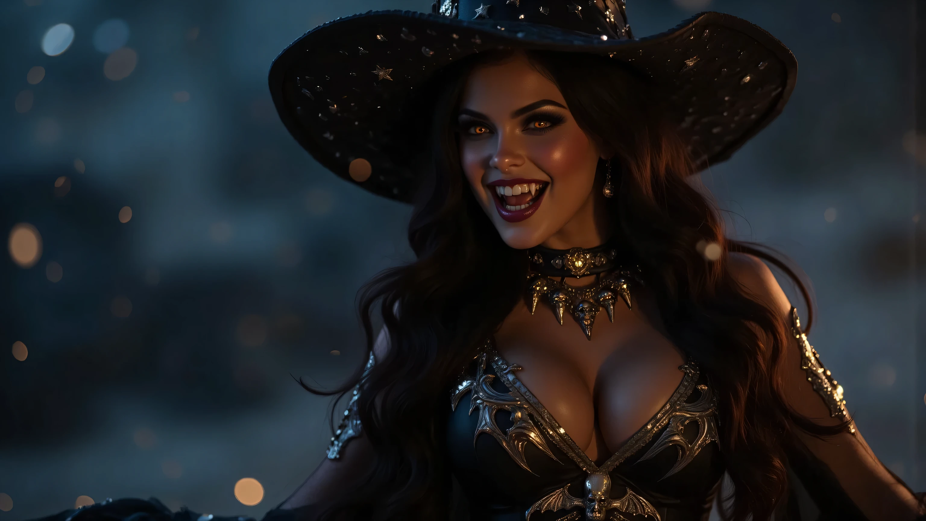 fangs,vampire, eyeshine,woman,high quality, 8K Ultra HD, professional photo, ultra sharp focus, Create a portrait of a extreme sexy and very busty cheerleader dressed as a magical witch, double DD cup breasts, She has evil flaming eyes and long, flowing shiny black hair that cascades in soft waves around her shoulders. Her eyes have striking dark yellow fire eyeshine and signals horror and danger, smile with open mouth showing a pair of sharp fangs, one drop of blood is running from her left side of the mouth, She is wearing an elaborate witch's hat, deep black in color, adorned with shimmering golden stars that sparkle against the dark fabric. around her neeck is a horror necklace with sculls and dragon teeths and bat wings in black and silver, deep cleavage, in background fireflies are swarming, Her outfit is a luxurious black dress with a corset-style bodice, also embellished with golden star motifs that twinkle like celestial bodies. The dress flares out into a voluminous skirt, giving it a dramatic silhouette. The background is a soft, blurred twilight scene, filled with subtle bokeh lights that suggest a mystical atmosphere. The overall color palette consists of deep blacks, sparkling golds, and hints of soft blues, enhancing the enchanting and ethereal vibe of the image. The lighting is soft yet luminous, highlighting her features and the intricate details of her outfit, creating a magical and otherworldly ambiance, golden hour light