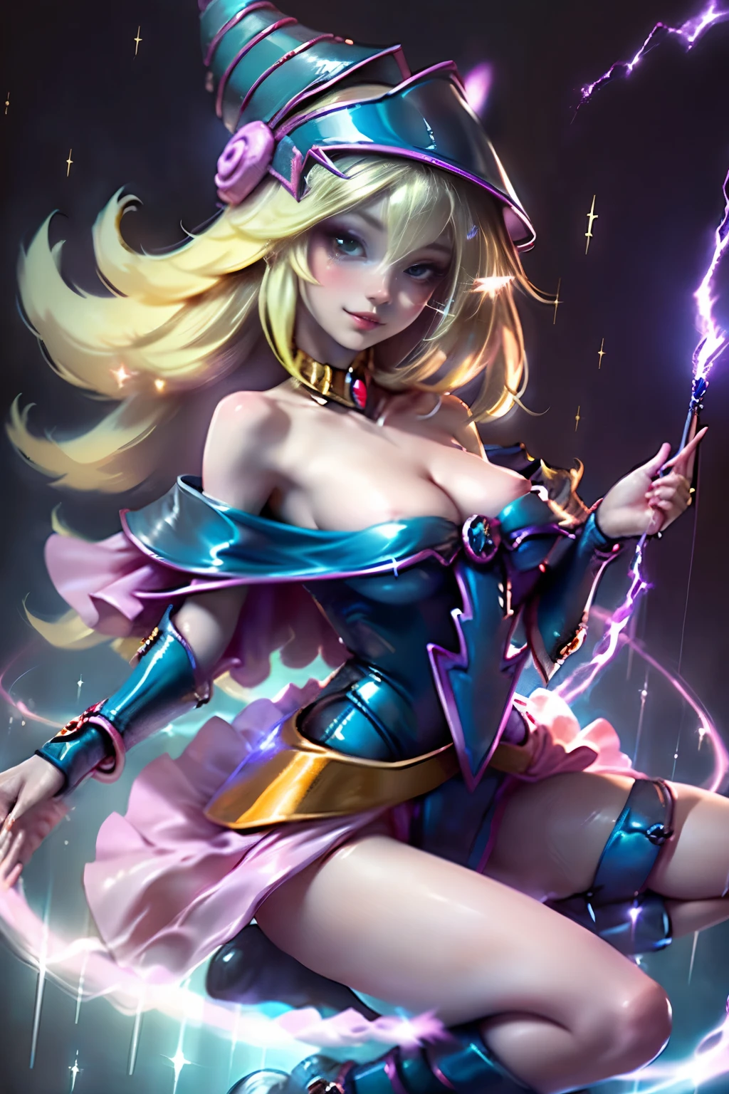 (masterpiece:1.2), (highest quality:1.2), Perfect lighting, Dark Magician Girl (Casting a Spell: 1.3), When I was in my twenties, (Floating in the air: 1.3), Visible , Transparent neckline,  challenging. poker face,smile. From above, Sparkle, (Hands with magical effects: 1.4 )The magic is in your hands, Apocalypse Background、Blonde、Magic at your fingertips