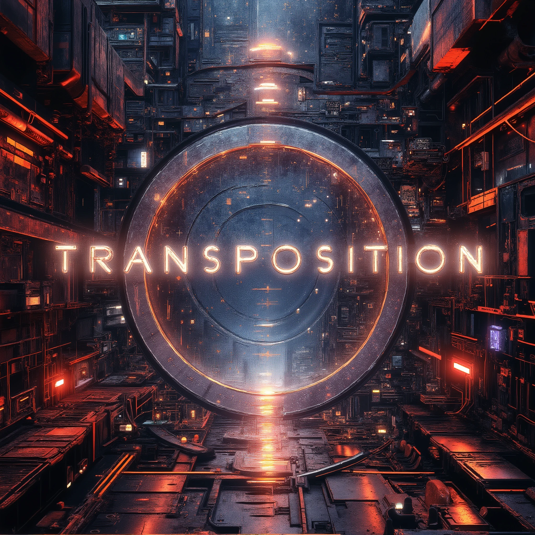 "Transposition", geometric abstract digital art, cinematic sci-fi atmosphere, minimal futuristic design, symmetry and glowing geometric shapes (circles, triangles, grids) floating in depth, sense of transformation and motion, smooth gradients and volumetric light, elegant metallic reflections, ambient electronic mood, stylized typography spelling "Transposition" integrated into the composition, futuristic and clean font design, centered layout, ultra detailed, 8k, album cover design