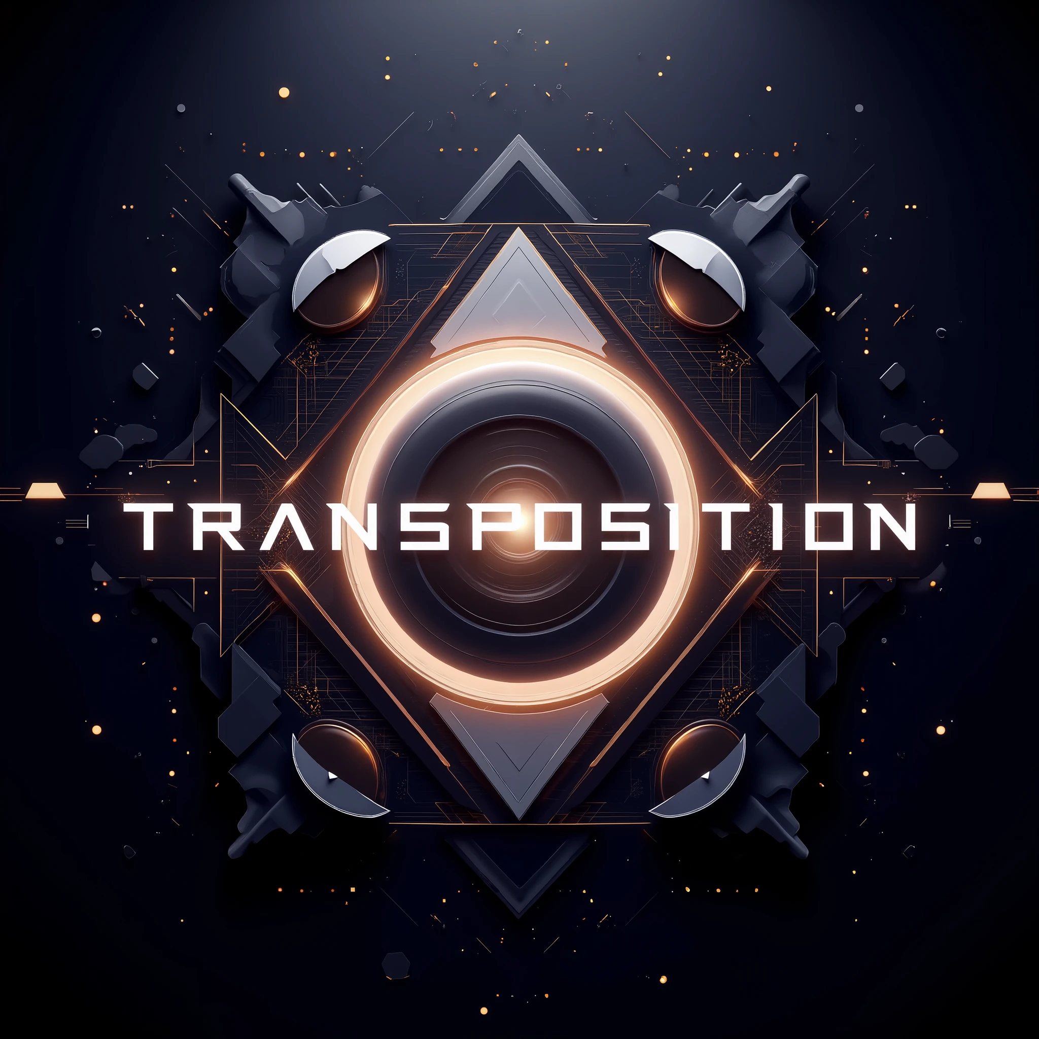 "Transposition", geometric abstract digital art, cinematic sci-fi atmosphere, minimal futuristic design, symmetry and glowing geometric shapes (circles, triangles, grids) floating in depth, sense of transformation and motion, smooth gradients and volumetric light, elegant metallic reflections, ambient electronic mood, stylized typography spelling "Transposition" integrated into the composition, futuristic and clean font design, centered layout, ultra detailed, 8k, album cover design